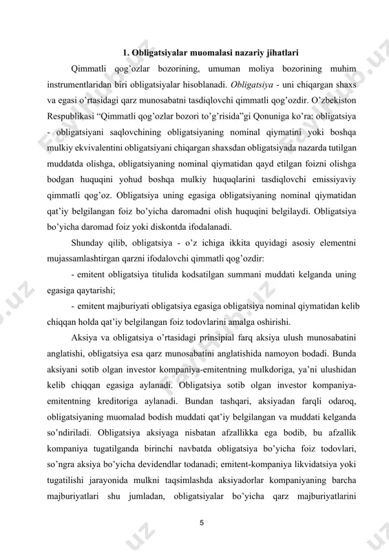 (1-jadval). 1-jadval obligatsiyalar tasnifi obligatsiyalarning tasnifiy belgilari mos ravishda obligatsiya turlari emitent turiga ko’ra · davlat obligatsiyalari · munitsipal obligatsiyalar · korporativ obligatsiyalar · xorijiy obligatsiyalar muddatiga ko’ra - to’lov va so’ndirish muddati qat’iy belgilangan obligatsiyalar · muddatsiz yoki qoplanmaydigan obligatsiyalar · qoplash muddati kelguncha emitent tomonidan qayta chaqirib olinishi mumkin bo’lgan obligatsiyalar · qoplash muddati kelguncha investor obligatsiyaning nominal qiymati bo’yicha to’lovni olish va qaytarish huquqi bilan joylashtiriluvchi obligatsiyalar · emitentga to’lovni uzaytirish huquqini beruvchi qoplash muddati uzaytirilgan obligatsiyalar egalik qilish huquqi bo’yicha · nomi yozilgan, emitent reyestr kitobida va obligatsiya muqovasida obligatsiya egasining nomi kiritiladigan obligatsiyalar. · taqdim qiluvchiga, obligatsiya egasi taqdim etgan hujjat evaziga. obligatsiya maqsadiga ko’ra · oddiy, turli loyihalarda foydalanishi ko’zda tutilgan qo’shimcha moliyaviy resurslar jalb qilish maqsadida emissiya qilingan obligatsiyalar · maqsadli, joylashtirishdan tushgan mablag’lar aniq investitsion loyihalarni moliyalashtirishga yo’naltiriladigan obligatsiyalar (infratuzilma obligatsiyalari) joylashtirish shakli bo’yicha · erkin joylashtiriladigan obligatsiya zayomlari · qat’iy joylashtirish …