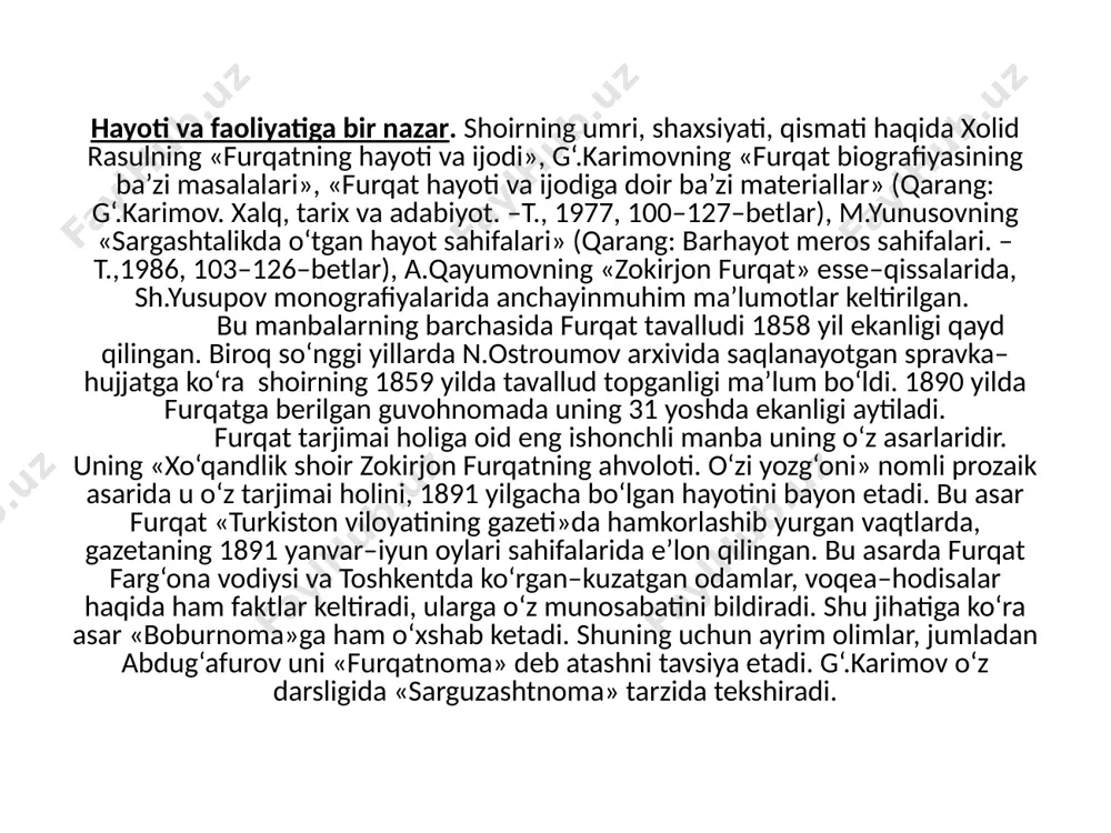 adurkim, yondashib yo tortadur... shulardan keyin shoir sevgi, noz, dard, mavzulariga, borib–borib zamona, davr, uning teskari aylanishiga oid ijtimoiy mavzu tasviriga o‘tadi. xulosasi: charxi kajraftorning bir shevasidin dog‘men, ayshni nodon surib, kulfatni dono tortadur – bilan tugaydi. bu g‘azalning avj nuqtasidir. furqat musammatlari. zokirjon furqatning musammat rivojiga qo‘shgan hissasi tahsinga loyiqdir. uning ijodida musammatning murabba’ (3ta) muhammas, musaddas shakllarida yozilgan namunalari bor. muhammaslarning o‘zi shakliy–kompozitsion jihatdan ikki xil. mustaqil muhammaslar, boshqa shoirlar g‘azallari asosida yozilgan tazmin (taxmis) muhammaslar. uning 10ga yaqin mustaqil muhammaslari bor. shulardan mashhurlari «ey ko‘ngul xushyor bo‘l bu kecha yor o‘ynabtular...», «do‘stlar, ayshi tarab fasli bahor istar ko‘ngul», «ermas menga g‘araz gul guldin nishon o‘zingsan» misralari bilan boshlanuvchi she’rlaridir. u farg‘ona vodiysida ijod qilgan yillarida «bo‘ldi», «biri» radiflarida ijtimoiy mazmunli mustaqil muhammaslar yozadi. u navoiy, amiriy, mashrab, haziniy, muqimiy g‘azallariga muhammaslar yozgan. ustozlar sabog‘i. furqat alisherbek navoiy kabi juda yoshligidan kitob mutaolasiga berilib, «mantiq ut tayr»ni, «chor …