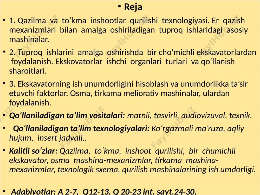 o'lgan bir cho'michli turli xil almashtiriladigan ish jihozlariga ega bo'lgan universal ekskavatorlar kiradi. ular i—iv kategoriyali gruntlarda er qazish ishlarini bajarish uchun xizmat qiladi. ko'plab (40 xilgacha) bir-xillashtirilgan almashtiriladigan ish jihozlari hisobiga ular yuklash-tushirish, o'rnatish, ustun qoziq qoqish, tekislash, tozalash va boshqa ishlarni ham bajara oladi. тўғри чўмичли эксковатор тескари чўмичли эксковатор юклагич ишчи жихозли эксковатор грейфер ишчи жихозли эксковатор бир чўмичли эксковаторнинг драглайн иш жиҳозли гидравлик экскаваторларнинг алмашадиган иш жиҳозлари: 1…4- турли сиғимга эга бўлган тескари ва тўғри чўмичлар; 5 ва 6 - дренаж ва энсиз ҳандаклар учун чўмичлар; 7 ва 8 - текислаш ва тозалаш ишлари учун чўмичлар; 9 ва 10 - чуқурлар қазиш ҳамда катта бўлакли материаллар ва тошларни юклаш ишлари учун икки жағли грейферлар; 11, 12, 13 - катта сиғимга эга бўлган юклаш ишлари чун чўмичлар; 14 -бульдозер ағдаргичи; 15 - қувур ва ёгочлар учун қамрагич; 16 - кран осмаси; 17 ва 18 - бир ва …