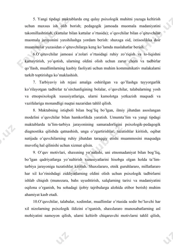 alohida etibor berish) muhim ahamiyat kasb etadi. 10.o’quvchilar, talabalar, xodimlar, muallimlar o’rtasida sodir bo’luvchi har xil nizolarning psixologik ildizini o’rganish, shaxslararo munosabatlarning asl mohiyatini namoyon qilish, ularni keltirib chiqaruvchi motivlarni tahlil qilish, favqulotdagi vaziyatni yengillashtirish va ularni tamoman bartaraf qilish yo’llari yuzasidan maslahatlar berish. 11.yoshlar o’rtasida aysh-ishratga, giyohvandlikka, yengil turmush kechirishga, qing’ir yo’l bilan boyishga (chayqovchilik, qizlar orasidagi yengiloyoqlikka) ruju qiluvchi shaxslar bilan yakka tartibda ishlashni yo’lga qo’yish. og’ir kasalliklarga uchragan o’quvchilar, o’qituvchilar, talabalar ruhiyatini tetiklashtirish abadiyat qonuni bilan ularni tanishtirish, pessimistik kayfiyatdan voz kechib, ularni shukurona qilib yashashga o’rgatish yuzasidan tavsiyalar berish, bevaqt halokatning oldini olish. 12. xulqi, xatti-harakati buzilgan o’rta va oliy maktab o’quvchilari, muallimlari, talabalari bilan yakka tartibda ish olib borish. 13. o’zlashtirmovchi o’quvchilar va talabalar ruhiy dunyosidagi nuqsonlarni aniqlash, ularga yordam berish yo’l-yo’riqlarini ishlab chiqish, amaliyotga tatbiq qilish hamda korreksion ishga muhtoj kishilarning individual-psixologik xususiyatlarini hisobga olish. 14.o’z-o’zini boshqarish imkoniyatini o’rta va oliy maktab jamoalari a’zolari …