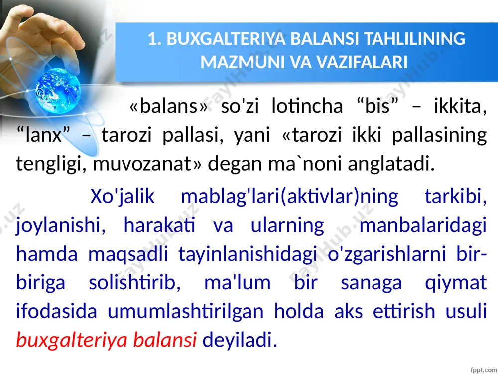 solishtirish” tahlilidir hamda “vertikal tahlil – tarkibiy tahlil. tahlil qilinayotgan obyektni barcha qismlari bo‘yicha o‘rganiladi”, deb ta’kidlab o‘tganlar. iqtisodchi olim e.a. akramov fikricha : gorizontal tahlilda hisobot davridagi moliyaviy holatni ifodalovchi ko‘rsatkichlar o‘tgan davr bilan taqqoslanadi, ya’ni bu ko‘rsatkichlarning dinamikasi aniqlanadi; vertikal tahlilda moliyaviy holatga taalluqli bo‘lgan ko‘rsatkichlarning tarkibiy-tuzilmasi o‘rganiladi. masalan, korxona mablag‘larining yoki ularni qoplovchi manbalarining hisobot davridagi tarkibi va uni o‘tgan davrga nisbatan o‘zgarishi ifodalanadi”. gorizontal va vertikal tahlil buxgalteriya balansini gorizontal tahlili ko‘rsatkichlar nomi yil boshiga yil oxiriga summa, ming so‘m foiz, % summa, ming so‘m foiz, % a k t i v i. uzoq muddatli aktivlar asosiy vositalar 39606443 100 30970415 78 uzoq muddatli investitsiyalar 6985319 100 53447883 765 i bo‘lim jami 46591762 100 84418298 181 ii. joriy aktivlar tovar-moddiy zaxiralar 13320349 100 26121772 196 kelgusi davr xarajatlari 14286020 100 14287413 100,01 kechiktirilgan xarajatlar 0 0 28997033 100 debitor qarzlar 11022301 100 40072145 363,5 pul mablag‘lari …