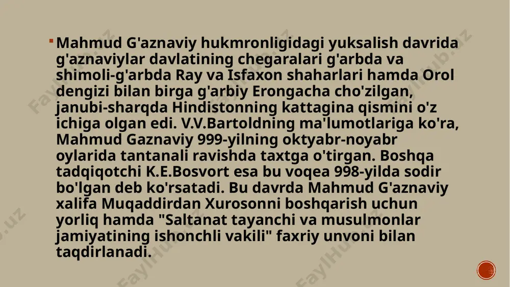 iq, gʻaznaviylar movarounnahr va toxaristonga boʻlgan har qanday huquqlarini yoʻqotdilar. ularning hududi gʻazna viloyati va shimoliy hindistonning bir qismi (panjob va boshqalar) bilan cheklanib qoldi. bu hudud ham 12-asr boshlaridan boshlab asta-sekin qisqarib bordi. 12-asrning 60-yillarida gʻuriylar davlati gʻaznaviylarni shimoliy hindistonga butunlay siqib chiqardilar, poytaxt gʻaznadan lohurga koʻchirildi (1161). gʻuriylar davlati hukmdori gʻiyosiddin muhammad qoʻshini lahorni bosib olgach, gʻaznaviylar davlati butunlay tugatildi (1186). etiboringiz uchun raxmat image4.png image3.png image5.jpeg image6.jpeg image7.jpeg image8.jpeg image2.png /docprops/thumbnail.jpeg