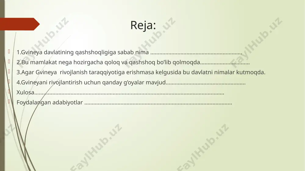 sodiy rivojlanishga to'sqinlik qiladi. 3. iqtisodiy rivojlanish: gvineya iqtisodiyoti asosan qishloq xo'jaligiga tayangan, ammo qishloq xo'jalik infratuzilmasi va texnologiyalari yetarli darajada rivojlanmagan. bu esa qishloq xo'jalik mahsulotlarining ishlab chiqarish samaradorligini pasaytira davomi 4. ta'lim va sog'liqni saqlash: ta'lim va sog'liqni saqlash sohalaridagi muammolar, aholi orasida bilim va ko'nikmalarni rivojlantirishga to'sqinlik qiladi. bu esa iqtisodiy o'sishga salbiy ta'sir ko'rsatadi. 5. ijtimoiy muammolar: qashshoqlik, ishsizlik va ijtimoiy tengsizlik gvineyada keng tarqalgan. aholining katta qismi qashshoqlikda yashaydi, bu esa iqtisodiy rivojlanish uchun salbiy omil hisoblanadi. 6. infratuzilma: gvineyada infratuzilmaning yetarli darajada rivojlanmaganligi, transport, energiya va aloqa tizimlaridagi muammolar iqtisodiy faoliyatni cheklaydi. umuman olganda, gvineyaning qashshoqligiga sabab bo'lgan omillar bir-biri bilan bog'liq bo'lib, ularning kompleksligi va o'zaro ta'siri iqtisodiy rivojlanishni qiyinlashtiradi. gvineya o'z resurslarini samarali boshqarish va iqtisodiy barqarorlikni ta'minlash orqali qashshoqlikni kamaytirish imkoniyatiga ega. gvineya davlatining bayrog’i va gerbi bu mamlakat nega hozirgacha qoloq va qashshoq bo’lib qolmoqda gvineya, afrika mamlakati, resurslarga boy …