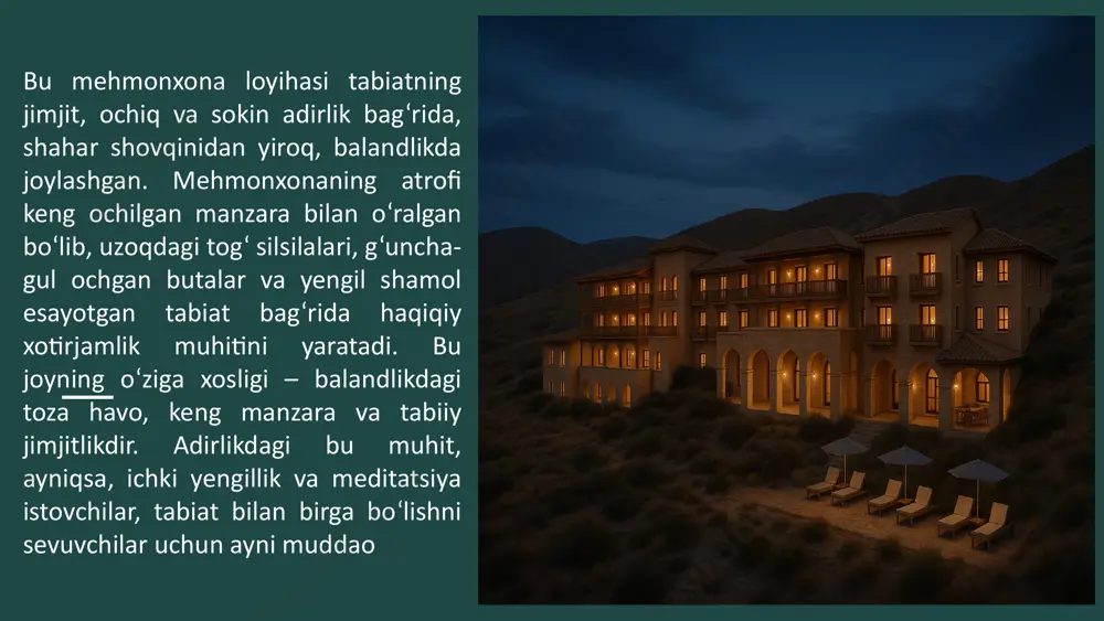 . yog‘ochli to‘shaklar, gilamli polda yurishga mos qoplama, shinam dam olish burchagi va yozish stoli mavjud. ko‘pchilik xonalar balkon yoki kichik verandaga ega, bu yerda mehmonlar ertalab choy ichib, keng manzaraga tikilib o‘tirishlari mumkin. xonalar turli darajadagi mehmonlar uchun mo‘ljallangan. standart xonalar soddaligi bilan ajralib turadi – ularning maydoni o‘rtacha, ammo barcha kerakli qulayliklar bilan ta’minlangan. deluxe xonalar biroz kengroq va o‘zining ochiq terassasi yoki manzarali verandasi bilan farqlanadi. suite xonalar oilaviy sayohatchilar uchun mo‘ljallangan bo‘lib, ikki bo‘limdan – dam olish xonasi va yotoqxona iborat. prezident apartamentlari esa hashamatli interyer, keng maydon, alohida kirish yo‘lagi va shaxsiy xizmatlar bilan ajralib turadi. adirlikdagi iqlim va relyef hisobga olinib, mehmonxona butunlay ekologik barqaror texnologiyalarga asoslangan. quyosh panellari orqali energiya ishlab chiqariladi, yomg‘ir suvi maxsus kollektorlar orqali yig‘iladi va yashil hududlarni sug‘orishda qo‘llaniladi. shamol yo‘nalishidan foydalanib tabiiy ventilyatsiya ta’minlanadi. issiqlik saqlash uchun qalin tosh devorlar va yog‘och panellar ishlatilgan. adirlikda kam suvli sharoitlar …