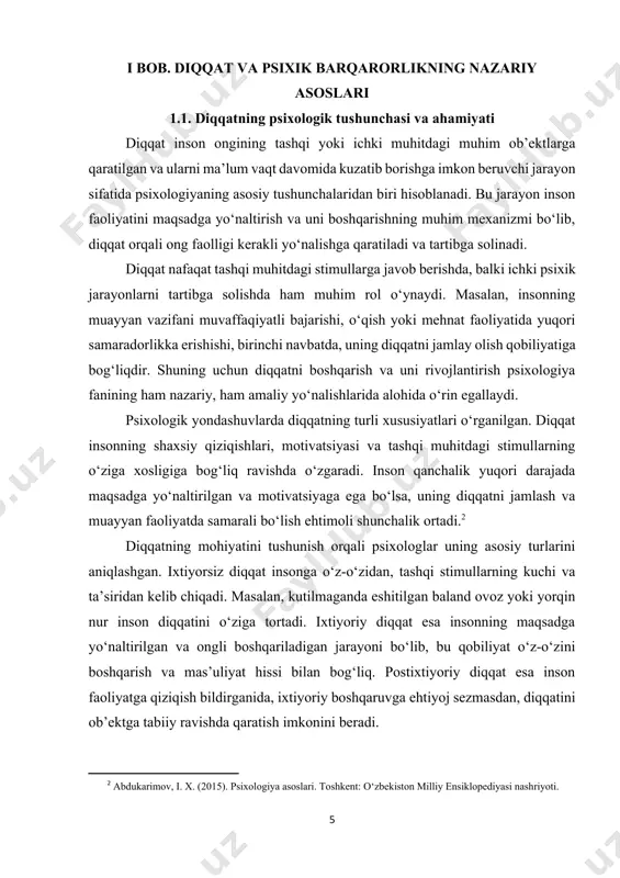 o‘z-o‘zidan, tashqi stimullarning kuchi va ta’siridan kelib chiqadi. masalan, kutilmaganda eshitilgan baland ovoz yoki yorqin nur inson diqqatini o‘ziga tortadi. ixtiyoriy diqqat esa insonning maqsadga yo‘naltirilgan va ongli boshqariladigan jarayoni bo‘lib, bu qobiliyat o‘z-o‘zini boshqarish va mas’uliyat hissi bilan bog‘liq. postixtiyoriy diqqat esa inson faoliyatga qiziqish bildirganida, ixtiyoriy boshqaruvga ehtiyoj sezmasdan, diqqatini ob’ektga tabiiy ravishda qaratish imkonini beradi. diqqatning psixologik ahamiyati uning shaxs rivojlanishidagi o‘rnida ham yaqqol namoyon bo‘ladi. bolalik davridan boshlab diqqatni jamlash qobiliyati ta’lim jarayonida asosiy rolni o‘ynaydi. shu bilan birga, diqqat insonning psixik barqarorligiga ham ta’sir ko‘rsatadi, chunki diqqatni jamlash stressli vaziyatlarni boshqarishga yordam beradi va shaxsiy faoliyatning samaradorligini oshiradi. bugungi kunda axborot oqimining ortishi va yuqori stress darajasining kundalik hayotga ta’siri sababli diqqatning ahamiyati yanada oshib bormoqda. shuning uchun diqqatni boshqarish va rivojlantirish bo‘yicha metodlarni o‘rganish, bu boradagi yangi texnologiyalarni ishlab chiqish psixologiya fani va amaliyoti uchun dolzarb vazifalardan biri hisoblanadi. diqqatning inson faoliyatida tutgan o‘rni …