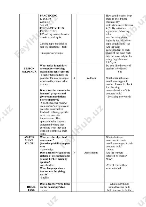 pic material in real-life situations – task - into pairs or groups 18 matching headings are pre-activities useful for checking learner’s background about the topic? -yes are the learners supported enough by topic vocabulary\grammar\pronunciation features required for the next stage? - yes what mistakes did learners do? nothing how could teacher help them to avoid these mistakes (by instructions\activities\tasks)?- by activities - grammar ,following rules are the tasks given logically for this lesson topic acquisition? -yes are the tasks correspondent to each phase of the main part? are the tasks helpful for using english in real life? -yes lesson feedback what tasks & activities are used for checking lesson aims achievement? -teacher tells students the goals for the day in simple words so they know what to learn. does a teacher summarize learners’ progress and give recommendations how to improve? -yes, the teacher reviews each student's progress and provides constructive …