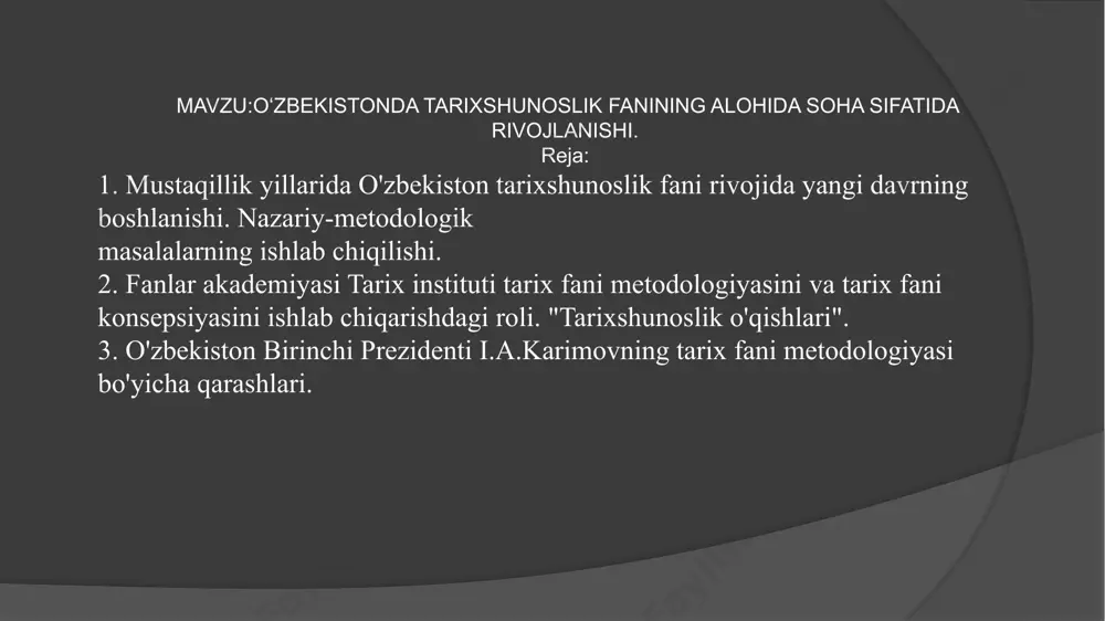 rini boshdan kechirishlariga to’g’ri keldi. o’zbekiston tarixi xususan tarixshunoslik fanlari,boshqa ijtimoiy-gumanitar fanlar kabi, doimo harakatda bo`lib, o`zgarib, rivojlanib, boyib boradi. bu fanning yana shunday o`ziga xos xususiyati borki, tarixiy fan bo`lgani uchun ham, avvalambor, boshqa fanlarga qaraganda u tez va ko`proq boyib boradi. bir tomondan tariximizning ochilmagan "qurik"lari olimlarimizning ilmiy- tadqiqot ishlari natijasida ochilib, to`ldirilib borilaversa, ikkinchi tomonidan, mamlakatimizda, jamiyatimiz ijtimoiy, iqtisodiy, ma‘naviy va madaniy sohalaridagi qo`lga kiritilayotgan yutuqlar tariximiz sahifalarini kun sayin boyitaveradi. dialektik metodologiya har qanday mamlakat tarixini jahon xalqlari tarixi bilan bog’liq holda o`rganishni taqozo etadi. negaki har bir xalq tarixida milliylik, o`ziga xos betakror xususiyatlari bilan birga jahon tarixi, butun insoniyat taraqqiyoti bilan umumiy bog’lanishdadir. darhaqiqat, o’zbekiston tarixi avvalo markaziy osiyo mamlakatlari tarixi bilan, qolaversa bashariyat tarixi bilan chambarchas bog’langan. tarixiylik metodologiyasining tarkibiga uzviylik va davriylik kiradi. tarixiy fan bo`lgani uchun ham o’zbekiston tarixi fanini o`rgatish va o`qitish jarayonida tarixiy uzviylik va davriylik qoidasiga rioya qilish …