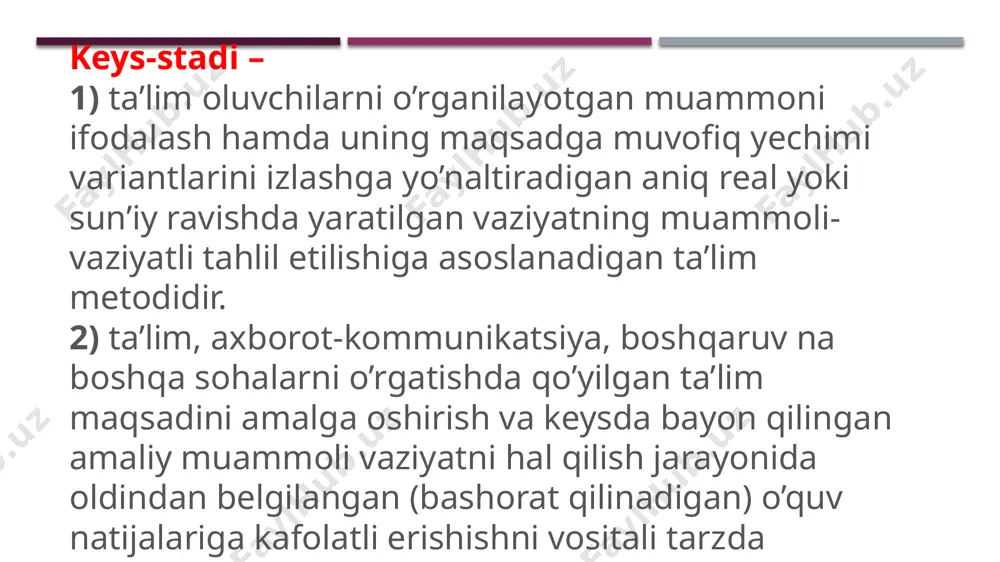 printsipial farqii shundaki – bilimlar olish jarayonida demokratiya mavjud bo'lib, bunda talaba boshqa talabalar va o’qituvchi bilan muammoni muhokama qilish jarayonida teng huquqlidir. 3. metodni qo’llash natijasida nafaqat bilimlar, hatto kasbiy faoliyat malakalari olinadi. 4. vaziyatni tahlil qilish metodining so'zsiz afzalligi, bu nafaqat bilimlar olish va amaliy malakalarni shakllantirish bo'libgina qolmay, u yana talabalarning qadriyatlar, kasbiy pozitsiyalar, hayotiy ko'rsatmalar, o'ziga xos kasbiy hayotni his etish va hayotni o'zgartirish tizimini rivojlantirishdir. mustahkamlash uchun yopiq savollar? “case- stady” nima degani? muammoli ta’lim deganda qanaqa ta’im tushuniladi? “case-stady” metodi asosan qayerlarda qo’llanadi? “case-stady” metodini o’rganishdan maqsad nima? “case –stady” metodini qo’llaganda ta’limda qanday natijaga erishish mumkin. vaziyat modelining qurilishi. keysologning keysni ishlab chiqish bo’yicha faoliyatining ushbu bosqichidagi mazmunini uning quyidagi qarorlari belgilaydi: keys qanday bo’ladi: syujetli yoki syujetsiz? keysdagi voqealar axborotni bayon qilishning vaqt bo’yicha izchilligi o’tmishdan hozirgi keladigan yoki keys-xotira yoxud bashoratli bo’ladimi? vaziyatga oid mashq qanday janrda bayon qilinadi: hikoya yoki …