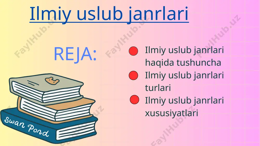 u uslubning ko‘rinishlaridir. nutqning ilmiy uslubi turli xil (asosiy): ilmiy, ilmiy va texnikaviy (ishlab chiqarish-texnik), ilmiy-ma'rifiy, ilmiy-texnikaviy, ilmiy-ommabop, ilmiy-ommabop bilimlarga ega. yozma va og'zaki muloqot tarzida amalga oshirilgan ilmiy matnlar alohida-alohida bitilgan asarlar shaklida tuziladi, uning tarkibi janr qonunlariga bo'ysunadi. ilmiy uslub janrlari turlari ilmiy-ommabop uslubda maxsus atamalar kam ishlatiladi (ishlatilganda esa izohi beriladi), fikrlar qiziqarli tilda tushuntiriladi, bayonda obrazlilikni ta’minlovchi badiiy tasvir usullaridan foydalaniladi. ilmiy ommabop uslub xususiyatlari tarkibdan bog'liq bo'lishi mumkin, u his-tuyg'u va mantiq, sub'ektiv va ob'ektiv, beton va mavhumlashtirish kabi xususiyatlari. bu adabiyotlarda juda kam texnik shartlar mavjud bo'lishi mumkin. o'quv va ilmiy nutqlar quyidagi janrlarda amalga oshiriladi: muloqot; javob (og'zaki javob, javobni tahlil qilish, javobni umumlashtirish, javob guruhlash); fikrlash; til misoli; tushuntirish (izoh-tushuntirish, tushuntirish-izohlash). ta'lim va ilmiy subkulturaning turlari quyidagilar: ma'ruza, seminarhisobot, kurs ishi, mavhum xabar. ilmiy uslubning xususiyatlari ilmiy aloqa sohasi farqli o'laroq, fikrning aniq, mantiqiy va aniq ifodasidir. ilm-fan sohasida asosiy fikrlash tarzi …