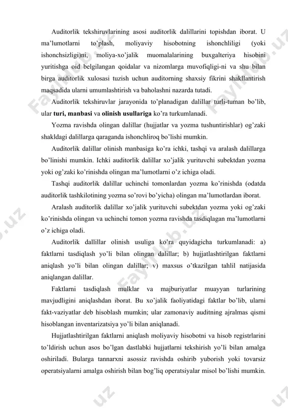 viy hisobotni va hisob registrlarini to’ldirish uchun asos bo’lgan dastlabki hujjatlarni tekshirish yo’li bilan amalga oshiriladi. bularga tannarxni asossiz ravishda oshirib yuborish yoki tovarsiz operatsiyalarni amalga oshirish bilan bog’liq operatsiyalar misol bo’lishi mumkin. shuningdek, bitta hujjatning turli nusxalaridagi yozuvlarining birbirlariga mos kelmaslik holatlari. maxsus o’tkazilgan tahlil natijasida faktlarni aniqlash hujjatlarda keltirilgan ma’lumotlarni mantiqiy joylashtirish va matematik hisob-kitob qilish yo’li bilan amalga oshiriladi. bunday argumentlash ratsional deb nomlanadi va u audit jarayonida salmoqli o’rin tutadi. masalan: 1) 2910-«omborlardagi tovarlar» schetida korxona mulki hisoblangan tovarlar hisobga olinishi lozim; 2) auditor ushbu tovarlar uchun korxonaning mulkiy huquqi mavjudligini aniqlashi zarur; 3) taqdim etilgan hujjatlar (shartnomalar, tovarlar hisoboti, bank ko’chirmalari) va mulkiy huquqning korxonaga o’tgan paytini aniqlash asosida auditor tovarlarning egasi haqida xulosa qiladi. auditor fikriga birinchi argument ko’proq ta’sir ko’rsatadi. haqiqatda 2910«omborlardagi tovarlar» schetida qoldiq sifatida ko’rsatilgan tovarlar yo’q bo’lsa, hech qanday fikr-mulohazaga o’rin qolmaydi. so’ngra uchinchi va to’rtinchi argumentlarni ahamiyatliligi bo’yicha ko’rsatish …