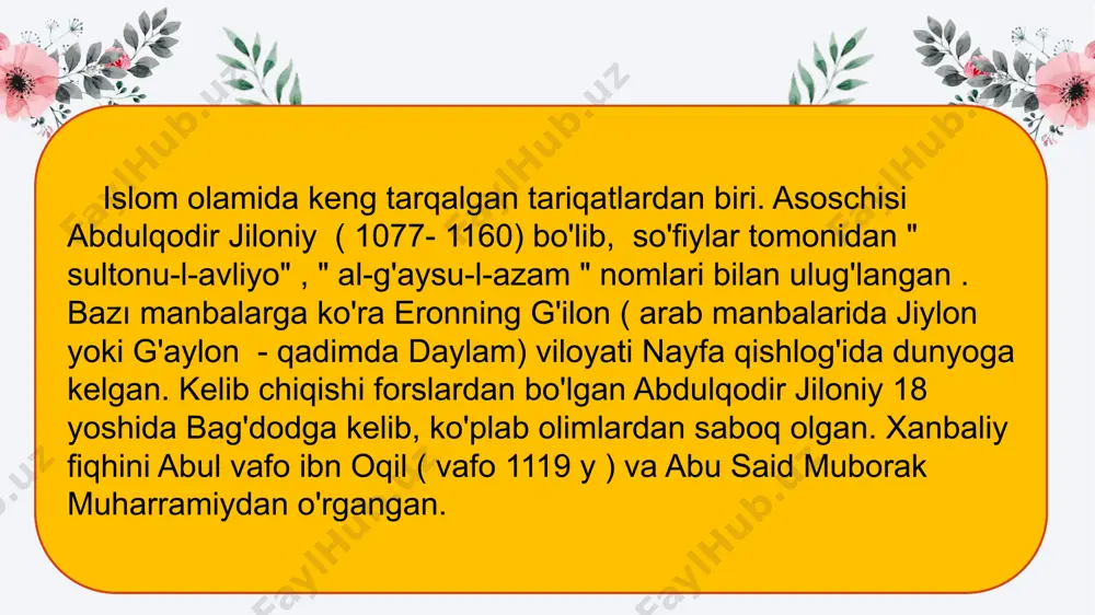 ini, o'rta qatoridagi 6 gulbarg imomning 6 arkonini, chekka qatoridagi 7 gulbarg taxlil kalimasidagi so'zlar miqdori anglatadi. keyinchalik ushbu tariqat butun musulmon olamida keng tarqaldi. 1300 yilga kelib iroq va suriyada, xiv asrda yamanda, xv asrda livan, falastin, misr va hijozda , xvi asrda tunis, jazoir va marokashda o'z faoliyatlarini olib bordilar. turkiyadagi qodiriya shaxobchasini esa ismoil rumiy nmi bilan bog'laydilar. xvi asrda qodiriya tariqati afg'oniston va hindistonga kirib keldi. qodiriyning ildizlari eronga borib taqalsada uning kurdistondagi uch tarmog'i hozirgi kungacha ham faoliyat olib boradi. foydalanilgan adabiyotlar: 1. i. usmonov, z. faxriddinov, x. yuldashxodjayev, g. saidova , l. asrorova "tasavvufga kirish" t-2019 2. usmon turar "tasavvuf tarixi " istiqlol nashri image1.png