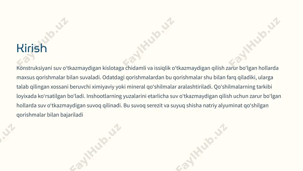 ar, balkonga chiqish joylari, hovuz va yerto‘lalar uchun ishlatiladi. bu material beton yuzalarga juda yaxshi yopishadi. uning yopishish kuchi 1 mpa dan yuqori bo‘lib, uzoq muddatli mustahkamlikni ta’minlaydi. suv bosimiga chidamlilik darajasi taxminan 1,5 bar atrofida bo‘ladi – bu ichki va tashqi ta’sir qiluvchi namlik va past bosimli suv oqimiga to‘liq qarshilik ko‘rsatadi. gidroizolyatsion xususiyatining yana bir muhim tomoni – yoriqlardan o‘tmaslik darajasidir. knauf hydro flex elastik xususiyatga ega bo‘lib, 0.75 millimetrgacha bo‘lgan mikroyoriqlarni yopib turish qobiliyatiga ega. bu esa devorlar yoki poydevorlar biroz harakat qilganda ham material yorilmaydi deganidir. suvni o‘ziga yutish darajasi juda past – 0.1 kg/m² soatning kvadrat ildizigacha. bu suv devorga singib ketmaydi, aksincha sirtdan oqib ketishini bildiradi. qotish vaqti taxminan 4–6 soat bo‘lib, bu oraliqda material dastlabki mustahkamlikni hosil qiladi. to‘liq qurib, gidroizolyatsion funksiyani to‘liq qotishi uchun 24–48 soat kerak bo‘ladi. elastiklik darajasi yuqori – 20 foizdan ortiq cho‘zilishga bardosh beradi. bu esa issiqlik kengayishi …
