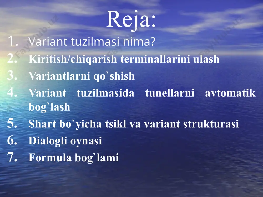 ng maksimal qiymatigacha, “-2..2” degani -2 dan 2 gacha bo`lgan barcha qiymatlar. variantlarni qiymatlar diapazoni sifatida belgilash mumkin “..” (masalan, -12..9). bundan tashqari labview uch va undan ko`p butun sonlar ro`yxatini(vergul bilan) diapazon bilan almashtirishi mumkin. diapazonlarni matnlar uchun ham amalga oshirib bo`ladi, lekin natija unchalik aniq bo`lmaydi. diagramma blokida variant tuzilmasini joylashtirganda birinchi marotaba u mantiqiy formada ifodalanadi. tuzilmada sonli qiylatlarni ishlatish uchun selektorga sonli ma`lumotlar tipini berish kerak. variant tuzilmasi ko`p sonli ichki diagrammalarga ega bo`lishi mumkin, lekin bir vaqtning o`zida siz faqat birtasini ko`rishiz mumkin. tuzilma yuqori qismi chap yoki o`ng yo`naltirgich selektoriga sichqoncha bilan tanlanganda mos ravishda keyingi va oldingi ichkidiagrammalarni ko`rishingiz mumkin. bundan tashqari tuzilmaning yuqori qismi selektoriga sichqonchani o`ng tugmasi bilan murojaat qilib, paydo bo`lgan menyudan barcha variantlarni ko`rishingiz hamda ulardan birini tanlashingiz mumkin. variantlarga o`tishning boshqa usuli tuzilmaning chegarasiga sichqoncha o`ng tugmasi bilan murojaat va “show case” optsiyasini tanlashdir. agar siz selektorga kasr …