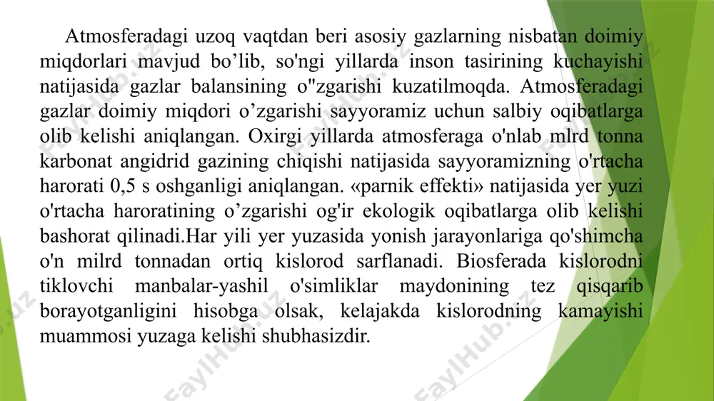 ha havoga chiqadi. azot birikmalariga asosan azot oksidi ( no) va azot dioksidi(no2-nitrit) kirib ,dvigatel ichida yuqori haroratda yongan benzin va dizel yoqilg`ilaridan ajralib chiqadi. uglevodorodlarning tabiiy manbayi o`simliklar ,sun`iysi esa avtotransport yoqilgisi hisoblanadi.aqsh har yili atmosferaga 32 mt uglevodorod gazi chiqaradi. atmosferani ifloslovchi moddalarni ikkiga bo`lamiz: fizikaviy va kimyoviy fizikaviy ifloslovchi moddalarga: radiaktiv moddalar,izotoplar, ifloslovchi issiqlik ( haroratning ko`tarilishi ) shovqin va past chastotadagi infiratovushlar shu kabilar kiradi. kimyyoviy ifloslovchi moddalarga: gazsimon va suyuq uglevodlar,yuvishga ishlatilgan moddalar,plastmassalar,sintetik moddalar, oltingugurt,azot kabilarning qo`shilmalari, qattiq aralashmalar va organik moddalar , og`ir metallar, ftor birikmalari shu kabilar kiradi. 18 19 atmosfera havosini turli zararli gaz va zarrachalardan tozalash usullari asosan 3 xil bo`lib ular bir-biridan keskin farq qiladi . 1 . fizik-kimyoviy usul : 2. fizik usul: 3. biologik yashil usul: bunda kimyoviy birikmalardan tarkib topgan filtrlovchi uskunalardan foydalaniladi. oddiy filtirlovchi va keyingi yillarda elektrfiltrdan foydalaniladi. bu usulda maydonlar yashil o`simlik bilan qoplanadi. …