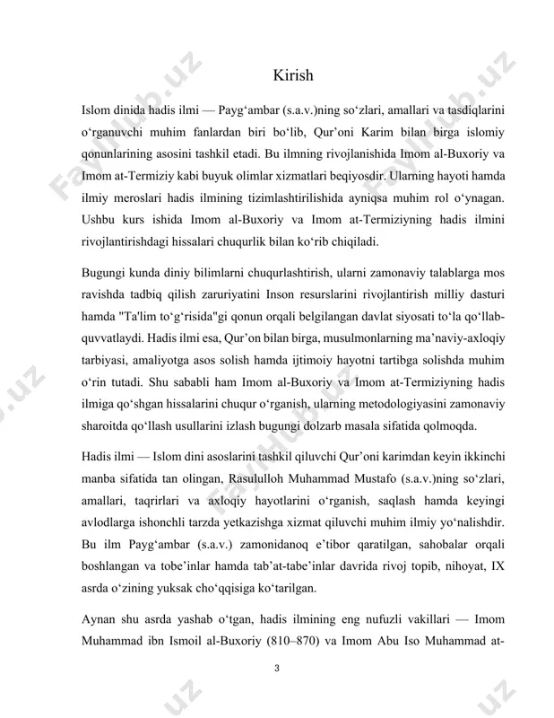 bugungi kun musulmon yoshlarining diniy bilimga, hadis ilmi va manbalariga bo‘lgan munosabatini shakllantirishda ham muhim ahamiyatga ega. bugungi kunda ham, butun islom olamida imom al-buxoriy va at-termiziylarning hadislar borasidagi yondashuvi, metodologiyasi va yondashuvdagi ilmiy aniqligi o‘rnak sifatida o‘rganilmoqda. ularning merosi nafaqat diniy ilmlarni o‘rganayotgan talabalarga, balki musulmon jamiyatining barcha qatlamlariga o‘zining beqiyos ijobiy ta’sirini ko‘rsatishda davom etmoqda. shunday qilib, imom al-buxoriy va imom at-termiziyning hadis ilmi sohasidagi xizmatlarini chuqur o‘rganish, ularning metodologiyasini zamonaviy sharoitga mos ravishda qo‘llash bugungi dolzarb masalalardan biri bo‘lib, ilmiy hamda amaliy jihatdan katta ahamiyatga ega. 1. imom al-buxoriy: hayoti, ilmiy faoliyati va "al-jomeʼ as-sahih" asari imom muhammad ibn ismoil al-buxoriy (204-256 h./810-870 m) islom dunyosining eng buyuk hadis olimlaridan biri bo'lib, uning ilmiy xizmatlari hamda insoniy sifatlari tomonidan butun musulmon jamiyatida hurmatga sazovor bo'lgan. u buxoro shahrida tavallud topgan bo'lib, oilasi ilmli va din olimlariga ma'lum bo'lgan nasabga ega edi. otasi ismoil ibn ibrohim buxoroning hurmatli …