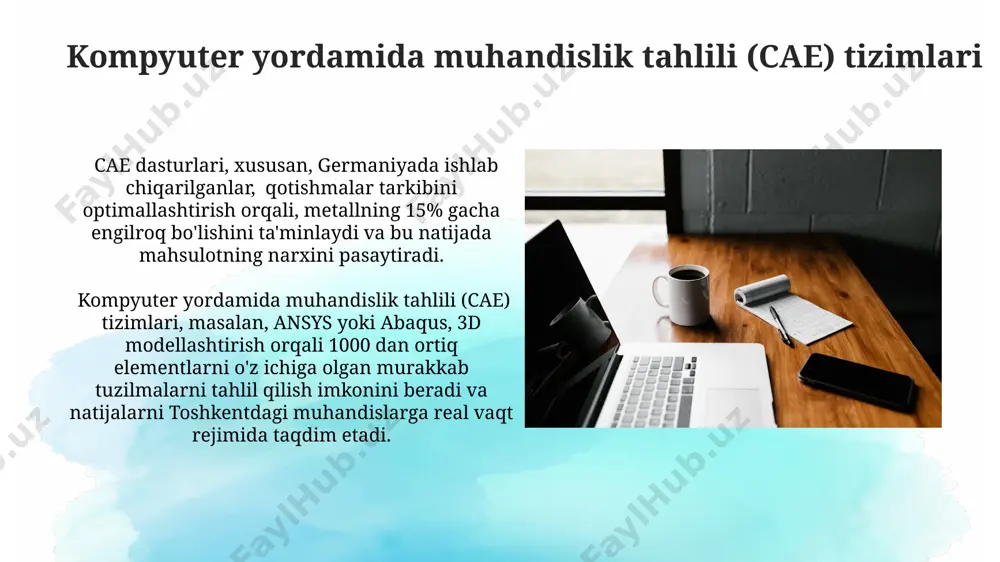 o'llaniladi. turli sohalardagi qo'llanilishi tibbiyot asbob-uskunalari ishlab chiqarishda, 500 dan ziyod turdagi tibbiy asboblarning dizayni va simulyatsiyasi uchun, aniqlikni ta'minlash va xavfsizlikni oshirish maqsadida, bu tizimlar evropa ittifoqida va janubiy koreyada faol qo‘llanilmoqda. avtomatlashtirilgan dizayn tizimlari 3d modellashtirishda keng qo‘llaniladi, masalan, avtomobilsozlik sanoati (2000 dan ortiq kompaniyalar), yaponiya va germaniyadagi yirik korxonalar mahsulot dizayni va ishlab chiqarish jarayonlarini tezlashtirish uchun bunday tizimlardan foydalanadilar. e'tiboringiz uchun rahmat @taqdimot_robot image2.jpg image3.jpg image4.jpg image5.jpg image6.jpg image7.jpg image8.jpg image9.jpg image10.jpg image11.jpg image12.jpg image13.jpg image14.jpg image15.jpg image16.jpg image17.jpg image18.jpg image1.png