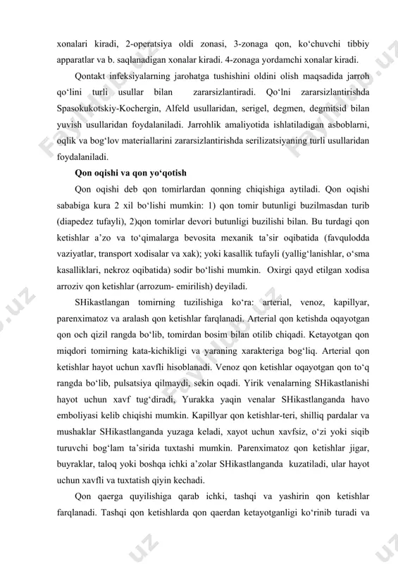 iq pardalar va mushaklar shikastlanganda yuzaga keladi, xayot uchun xavfsiz, o‘zi yoki siqib turuvchi bog‘lam ta’sirida tuxtashi mumkin. parenximatoz qon ketishlar jigar, buyraklar, taloq yoki boshqa ichki a’zolar shikastlanganda kuzatiladi, ular hayot uchun xavfli va tuxtatish qiyin kechadi. qon qaerga quyilishiga qarab ichki, tashqi va yashirin qon ketishlar farqlanadi. tashqi qon ketishlarda qon qaerdan ketayotganligi ko‘rinib turadi va tashxis qo‘yish oson. ichki qon ketishlarda qon bushliqlar va ichki a’zolarga qo‘yiladi. ichki qon oqishni aniqlashda quyidagi o‘zgarishlarga asoslaniladi: bemorni tinka-madori qurishi, quvvatsizlik, quloqni shang‘illashi, ko‘z oldi qorong‘ilashishi, bosh aylanishi, tashnalik, ko‘ngilni behuzur bo‘lishi, qayt qilish, ter iva shilliq pardalarning rangini o‘chishi, qo‘l-oyoqlarni muzlashi, terlash va boshqalar. bundan tashqari pulsni susayishi, tez urishi, tana harakatini pasayishi, nafas tezlashishi, qon bosimini pasayishi va boshqa o‘zgarishlar sodir bo‘ladi. ular bemor qonidagi eritrostitlarni va gemoglobinni kamayib ketishi bilan bog‘liq bo‘lgan gipoksiya (organizmga kislorod etishmasligi) holati sababli yuz beradi. haddan tashqari ko‘p qon yo‘qotilsa turli og‘ir …