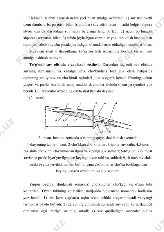 ir-biridan farq qiladigan ikkita davrda sodir bo‘ladi. cho‘kindilarning asosiy qismi yuqori byefda cho‘kib qoladigan inshootlar tuguni ishga tushirilgan birinchi vaqtida, pastki byefga o‘tib ketadigan cho‘kindisiz toza suvlar o‘zan tubini yuva boshlaydi. agar yuqori byefda cho‘kindilarning cho‘kishi uchun joy yetarli bo‘lsa, bu jarayon ancha vaqt davom etadi. o‘zan ancha yuvilib, pastki byefda uzoq masofagacha yetib borish natijasida, pastki byefda suv sathi passayadi, suv bosimi hisobiy suv bosimidan ortib ketadi, tug‘onning pastki byefdagi o‘zan bilan birlashtirish tartiblari buziladi va hokazolar. yuqori byef cho‘kindilar bilan to‘lgandan keyin pastki byefga cho‘kindilar odatdagidek tusha boshlaydi va oqimning cho‘kindilarni transport qilish qobiliyati kamayishi natijasida pastki byefda cho‘kindilar cho‘ka boshlaydi. bu jarayon o‘zanni eski holatiga keltiribgina qolmay, balki cho‘kindilarning cho‘kishi natijasida o‘zan tubi ancha ko‘tarilishi va tug‘on ostonasi cho‘kindilar ostida qolib ketish mumkin. bundan tashqari, o‘zan tubi ko‘tarilishi bilan suv sathi ko‘tariladi, bu esa cho‘kindilarni yuvish galereyalarining ish sharoitini og‘irlashtiradi, to‘g‘onning suv o‘tkazish qobiliyatini kamaytiradi. o‘zannning shakllanishi …