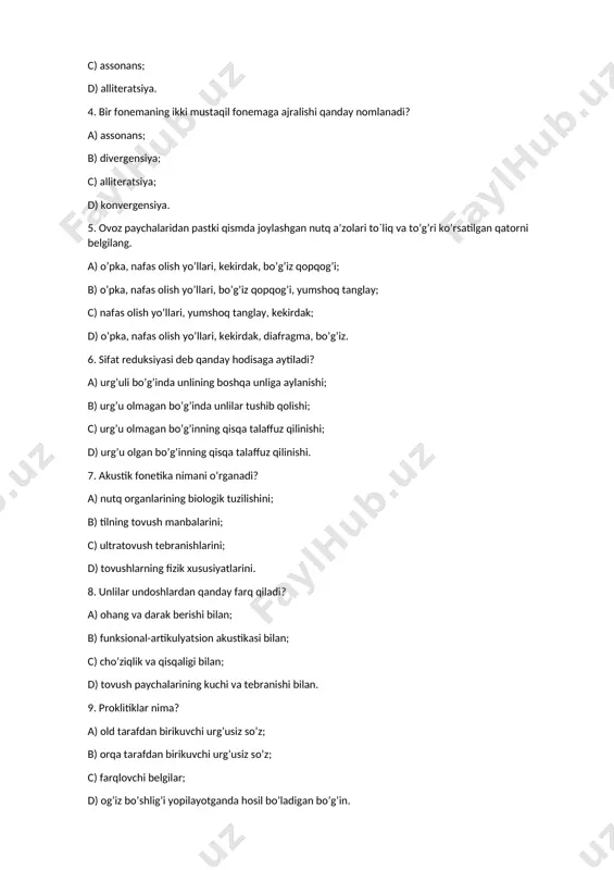 ida unlilar ham til oldilik va til orqalik, ham lablashish nuqtai nazaridan moslashadi. bunday moslashishni hozirgi qirgʻiz tilida uchratish mumkin: qollor, kbldor, brdbktbr kabi. lab garmoniyasi oʻzbek tilida deyarli uchramaydi. umuman, hozirgi oʻzbek adabiy tili s. kridalariga boʻysunmaydi. eski oʻzbek adabiy tilida esa s. qonuni ancha izchil va ayrim hollarda toʻligʻicha amal qilgan. 10. unli va undosh tovushlar haqida gapiring. ogʻiz va bugʻiz bushligʻida hech qanday toʻsiqqa uchramay hosil boʻladigan, tarkibi ovozdan iborat (shovqin deyarli ishtirok etmaydigan) tovushlar. har bir til oʻziga xos unlilar tizimiga ega. tildagi unlilar tizimi vokalizm (lot. vocalis — unli tovush) deyiladi. unli tovushlar soni turli tillarda turlichadir. mas, hozirgi oʻzbek adabiy tilida unli tovushlar 6 ta bulsa, boshqa turkiy tillarda 8 ta, 10 ta va undan ham ortiqdir. bu miqdor rus tilida 5 tani, fransuz tilida esa 18 tani tashkil etadi. unli tovushlar bir necha jihatdan tasnif etiladi. bu tasniflarning oʻzbek tilidagi 6 ta unli …