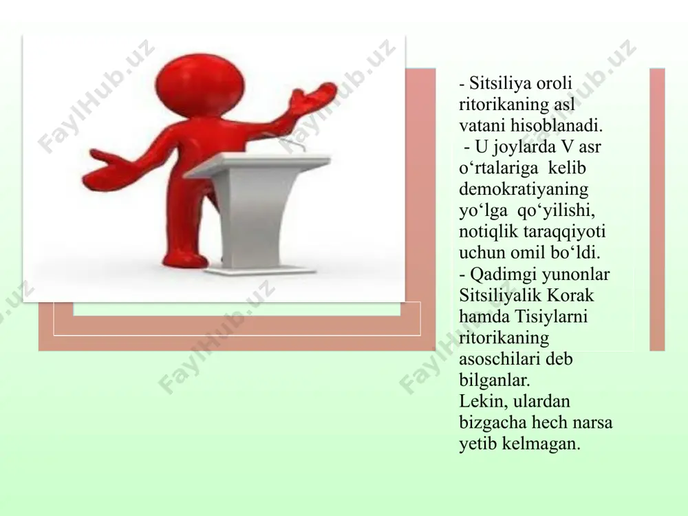 arzandiga yaxshi ta’lim-tarbiya berish maqsadida rimga ko‘chib o‘tadi. yunon tili va adabiyotini mukammal egallagach, yunonistonning mashhur so‘z ustalari lisiniy, kross va mark antoniy kabi notiqlardan so‘z san’atining nozik sir-asrorlarini o‘rganadi, ularning ajoyib nutqlarini tinglaydi. ezop va rossiy kabi o‘z davrining mashhur aktyorlaridan saboq oladi «notiqlar haqida» asari dialog shaklida yozilgan bo‘lib, litsiniy, kross, mark antoniy, yuliy sezar, strabon, katull, huquqshunos ssevola va uning shogirdlari siyosiy nutqlari, ularning notiqlik san’ati hamda bu san’atining eng mayda- chuyda masalalaridan tortib siyosiy muammolargacha bo’lgan fikr-mulohazalarini o‘z ichiga oladi «brut», «notiq» asarlari rim notiqlik san’ati tarixi haqida batafsil fikr yuritib, attikachilarning nazariyalariga tamomila qarshi mulohazalar bilan maydonga chiqadi. uning ta’kidlashicha, har qanday notiqning ko‘zda tutgan asosiy maqsadi tinglovchining zavqini uyg‘otib, ularni o ‘ziga moyil qilishdan iboratdir. «kimki jo‘n narsalar haqida oddiygina, kundalik voqealar haqida o'rta darajada, ulug‘ hodisalar haqida esa zavq-shavq bilan gapirsa, shu odam so‘z san’atining chinakam ustasi bo‘ladi» sitseron foydalanilgan adabiyotlar 1. aminov …