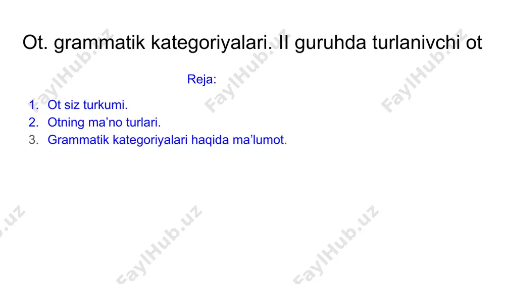 kabilar esa fe’ldan, aziz, botir, shirin, vali kabilar sifatdan, to‘qsonboy, oltibek kabilar esa sondan, bultur, avvalboy kabilar esa ravishdan hosil bo‘lgan atoqli otlardir. turli turkumga mansub bo‘lgan so‘zlarning atoqli ot sifatida qo‘llanishi natijasida ular o‘zining hususiy nominativ mohiyatidan chekingan holda, umumiy semantik ma’no tashuvchi lug‘aviy birlikka aylanib qoladi. masalan, uchquduq mazkur joydagi uchta quduqni emas, balki umuman shahar tushunchasini anglatuvchi onomastik birlikdir. 2. turdosh otlar bir jinsdagi otlarning umumiy nomini bildiruvchi otlardir. masalan, inson, daryo, shahar, kitob, daftar. turdosh otlar quyidagi ma’no guruhlarga mansubligi bilan o‘zaro farqlanadi: 3. aniq otlar bevosita narsa-buyum va shaxs, jon-zot anglatadigan otlardir. aniq otlar bevosita sanash va ko‘rish mumkin bo‘lgan otlar hisoblanadi. masalan: kitob, talaba, daraxt, qush. 4. mavhum otlar his qilish, sezish mumkin bo‘lgan otlardir. ular ham ko‘plik affikslari bilan qo‘llanmaydigan otlar bo‘lib, ularga ko‘plik qo‘shimchasi qo‘shilganda turlicha ma’no bo‘yog‘i yuzaga keladi. masalan: sevgi, sezgi, qayg‘u, alam, qadr, oriyat. 5. jamlovchi va yakka otlar. …
