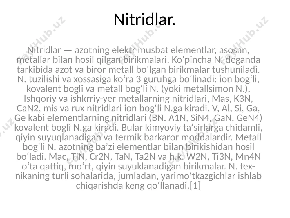 ri haroratli moylash materiallari molibden disulfidi. nitrid aralashmalari ko'pincha katta bo'ladi tarmoqli bo'shliqlari, shuning uchun odatda nitritlar bo'ladi izolyatorlar yoki keng o'tkazgichli yarim o'tkazgichlar; misollar kiradi bor nitridi va kremniy nitridi. keng tarmoqli oralig'i materiali gallium nitrit ko'k chiroq chiqargani uchun qadrlanadi ledlar.[2][3] ba'zi oksidlar singari, nitridlar ham vodorodni o'zlashtirishi mumkin va ular tarkibida muhokama qilingan vodorodni saqlash, masalan. lityum nitrit. s4n4 prototipik ikkilik molekulyar nitritdir. asosiy maqola: o'tish davri metall nitrido kompleksi ko'pgina metallar ixtisoslashtirilgan maqolada aytib o'tilganidek, molekulyar nitrido komplekslarini hosil qiladi. the asosiy guruh elementlari ba'zi molekulyar nitridlarni ham hosil qiladi. siyanogen ((cn)2) va tetrasulfur tetranitrid (s4n4) molekulyar ikkilik (azotdan tashqari bitta elementni o'z ichiga olgan) nitridlarning noyob namunalari. ular qutbsiz erituvchilarda eriydi. ikkalasi ham polimerizatsiyaga uchraydi. s4n4 elementlarga nisbatan ham beqaror, ammo izostrukturali se uchun kamroq4n4. isitish s4n4 polimer beradi va turli xil molekulyar oltingugurtli nitrid anionlari va kationlari ham ma'lum. nitrid bilan bog'liq, ammo ulardan …