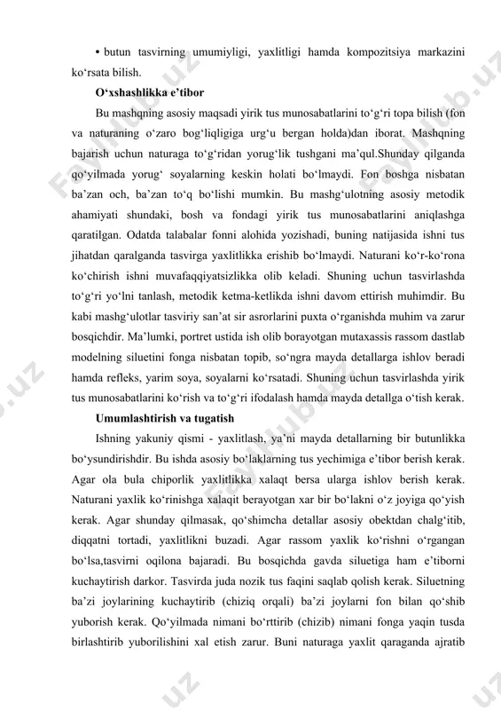 qo‘shib yuborish kerak. qo‘yilmada nimani bo‘rttirib (chizib) nimani fonga yaqin tusda birlashtirib yuborilishini xal etish zarur. buni naturaga yaxlit qaraganda ajratib olish mumkin. shundan so‘ng gavdaning to‘g‘ri konstruktiv qurilmasiga ega bo‘lish mumkin. nixoyat, portreti ishlanayotgan odamning ichki psixologiyasini ochishga xam urinib qo‘rish mumkin. bu narsaga detallarni yaxlitlab asosiy xarakterli joylarini bo‘rttirish bilan erishish mumkin.portrer yozish jarayoni bu jarayonda siz har xil effekt hamda lisirovkalar yordamidan foydalanishingiz mumkin. bunda ham o‘zizga kerakli jarayondan foydalaning hamma jarayonlardan emas. masalan dyurer o‘z avtoportretlaridan o‘zidan foydalanib o‘zi o‘rgangan. qalamtasvir va rangtasvir siz buni hammasini o‘rgana olmaysiz lekin o‘zizga yetarlicha o‘rganishga harakat qiling. adabiyotlar: 1. baymetov b. “qalamtasvir”. darslik 1-qism. - toshkent, 2006. 2. мuratov х.х. “qalamtasvir”, тоshkent, ijod-print, 2020. 3. xalilov r. рисунок toshkent «navruz» 2013 4. mirziyoev sh.m. tanqidiy tahlil, qat’iy tartib intizom va shxsiy javobgarlik-har bir rahbar faoliyatining kundalik qoidasi bo‘lishi kerak. o‘zbekiston 5. respublikasi vazirlar mahkamasining 2016 yil yakunlari va 2017 …