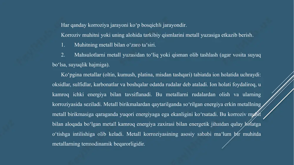 di. metall sirtini boʻyoq va lak qatlami bilan qoplash korroziyani istisno qilmaydi, balki unga faqat toʻsiq boʻlib xizmat qiladi, yaʻni u faqat korroziya jarayonini kamaytiradi. gruntovka va fosfatlash koʻpincha boʻyoq va lak ostida astarlar qoʻllaniladi. uning tarkibidagi pigmentlar ham ingibitor xususiyatlarga ega boʻlishi kerak. astar qatlamidan oʻtib, suv maʻlum miqdordagi pigmentni eritadi va kamroq korroziv boʻladi. tuproq uchun tavsiya etilgan pigmentlar orasida pb3o4 qoʻrgʻoshin eng samarali hisoblanadi. gruntovka oʻrniga, baʻzida metall yuzasi fosfatlanadi. buning uchun h3po4 ortofosfor kislotasini oʻz ichiga olgan temir (iii), marganes (ii) yoki rux (ii) ortofosfatlar eritmalari choʻtka yoki buzadigan amallar bilan toza yuzaga qoʻllaniladi. zavod sharoitida fosfatlash 99-970 oc da 30-90 daqiqa davomida amalga oshiriladi. fosfat aralashmasida eriydigan metall va uning yuzasida qolgan oksidlar fosfat qoplamining shakllanishiga hissa qoʻshadi. elektrokimyoviy himoya ishlab chiqarish sharoitida elektrokimyoviy usul ham qoʻllaniladi-mahsulotlarni 4 a/dm2 oqim zichligi va 20 v kuchlanish va 60-700 oc haroratda sink fosfat eritmasida oʻzgaruvchan tok bilan …