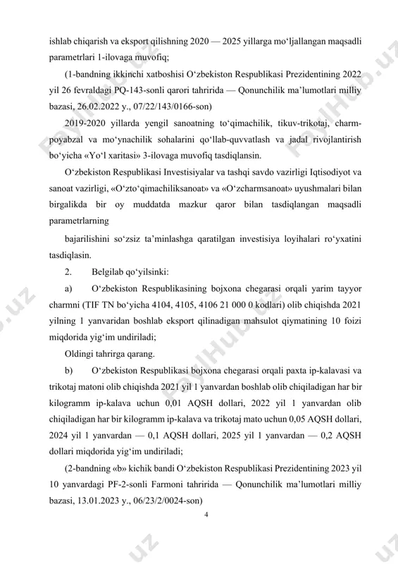 andning «v» kichik bandida ko‘rsatilgan mablag‘lar bo‘yicha daromadlarni shakllantirish va mablag‘lardan foydalanish tartibi to‘g‘risidagi nizom loyihasini kiritsin hamda unda har yili daromadlar va xarajatlar smetasi tasdiqlanishini, shuningdek, ushbu mablag‘lardan maqsadli foydalanilishi ustidan uyushma a’zolarining umumiy yig‘ilishi va o‘zbekiston respublikasi moliya vazirligi tomonidan nazorat olib borilishini nazarda tutsin. 1. 2020 yil 1 yanvardan boshlab shunday tartib o‘rnatilsinki, unga muvofiq: hisobot davri natijalari bo‘yicha yalpi tushumning umumiy hajmida tayyor tikuv- trikotaj mahsulotlarining eksporti 60 foizdan kam bo‘lmagan eksport ulushiga ega bo‘lgan korxonalar 2023 yil 1 yanvarga qadar mol-mulk solig‘ini to‘lashdan ozod etiladi; oldingi tahrirga qarang. (3-bandning uchinchi xatboshisi o‘zbekiston respublikasi prezidentining 2022 yil 8 apreldagi pf-101-sonli farmoniga asosan 2023 yil 1 yanvardan chiqariladi — qonunchilik ma’lumotlari milliy bazasi, 09.04.2022 y., 06/22/101/0288-son) oldingi tahrirga qarang. chorva mollarini so‘yish bo‘yicha zamonaviy avtomatlashtirilgan majmualarga ega va ularni yangidan ishga tushirayotgan tashkilotlar hamda terini qayta ishlovchi va charmdan tayyor mahsulot ishlab chiqaruvchi korxonalar 2023 yil 1 …