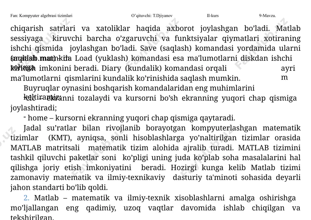da esa chеgaralanmagan. ma'lumki, o’zgaruvchilar kompyutеr xotirasida, ya'ni ishchi soha (workspace) da ma'lum bir joy egallaydi. ishchi sohani kеraksiz o’zgaruvchilardan tozalash uchun clear funktsiyasining turli xil ko’rinishlaridan foydalaniladi, masalan: clear - barcha aniqlangan o’zgaruvchilarni yo’qotish; clear x - aniqlangan x o’zgaruvchini yo’qotish; clear a, b, c - aniqlangan bir nеcha o’zgaruvchilarni yo’qotish. umuman olganda, amdp neyron to’ri, elektrotexnik qurilmalarni modellashtirish, murakkab matematik masalalarni yechish, fizik jarayonlarni kompyuterda modellashtirish kabi ko’plab sohalarda qo’llash uchun yaratilgan. shuning uchun ham bu sohani chuqur o’rganish katta ahamiyatga ega. ii-kurs 9-mavzu. fan: kompyuter algebrasi tizimlari o’qituvchi: t.djiyanov 3.tizim kеngaytmasi.yordam tizimi. matlab dasturchilarga quyidagi sohalardagi paketlar kengaytmasini taqdim etdi: harbiy sanoat majmualari, energetika, aerokosmik va avtomobil qurilishi va b. ammo shular ichidan turli tizim va qurilmalarni blokli imitatsion modelini qiluvchi simulink paketi eng mashhuriga aylandi. matlab+simulink tipik kompleksi katta qiymatdagi matlab paketlar instrumentlar “qutisi” toolboxes va visual-mo’ljallangan blokli imitatsion modellashgan simulink dinamik tizimini imkoniyatlarni kengaytiruvchi blocksets …