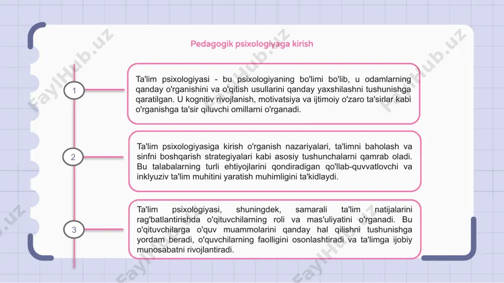 hunish va baholashda hal qiluvchi rol o'ynaydi. o'qituvchilar ma'lumotlarni to'plash uchun testlar va kuzatishlar kabi turli xil vositalardan foydalanadilar. ushbu ma'lumotni tahlil qilish orqali psixologlar o'quvchilarning kuchli va zaif tomonlarini aniqlashlari, o'qitish strategiyalarini boshqarishlari va vaqt o'tishi bilan taraqqiyotni kuzatishlari mumkin. baholash, shuningdek, o'rganishdagi kamchiliklarni aniqlashga va individual ta'lim rejalarini ishlab chiqishga yordam beradi. to'g'ri natijalarni ta'minlash va ta'lim natijalarini yaxshilash uchun ishonchli va asosli baholash usullaridan foydalanish muhimdir. ta'lim psixologlari o'quvchilarning muvaffaqiyati va o'sishiga yordam beradigan samarali baholashlarni ishlab chiqish uchun o'qituvchilar bilan yaqindan hamkorlik qiladi. ta'limda ijtimoiy va hissiy rivojlanish ta'lim psixologiyasi ijtimoiy va hissiy rivojlanishning ta'limga qanday ta'sir qilishini tushunishda hal qiluvchi rol o'ynaydi. unda asosiy e’tibor o‘quvchilarning his-tuyg‘ulari va munosabatlari ularning ta’lim tajribasiga qanday ta’sir qilishiga qaratilgan. ijtimoiy va hissiy rivojlanishni o'rganish orqali o'qituvchilar ijobiy va qo'llab-quvvatlovchi ta'lim muhitini yaratish strategiyalarini amalga oshirishlari mumkin. bu talabalarning akademik samaradorligini va umumiy farovonligini oshirishi mumkin. umuman olganda, ta'lim …