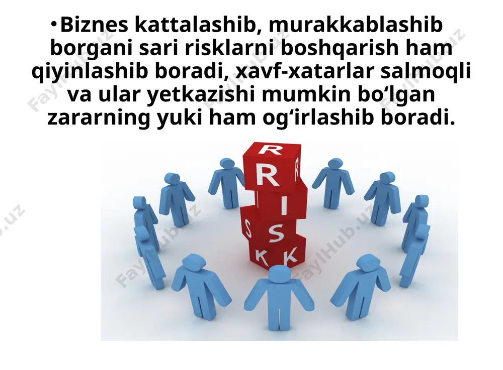 ‘tmasdan, ularning ustidan, ularga tushmasdan o‘tib ketish mumkin bo‘lgani kabi. ba’zan tashkilotga 10 mln so‘mlik zarar keltirishi mumkin bo‘lgan xatarga, uning ehtimoliy zararidan ancha ko‘p mehnat va resurs sarflanadi. shu bilan birga, biznes uchun birinchi darajali xatarlar kerakli e’tiborsiz qolib ketadi. xavf-xatarni boshqarishdagi samarali vositalardan biri bu – xavf-xatar/risk matritsasini ishlab chiqishdir. xavf-xatar matritsasi – bu katta ehtimol bilan sodir bo‘ladigan va jiddiy salbiy oqibatlar keltirib chiqarishi mumkin bo‘lgan xavf-xatarlarni boshqarish usulidir. bunda xavf-xatarlarning eng kattalariga yuqori ball beriladi. tashkilot uchun ta’siri kichik va sodir bo‘lishi ehtimoli yuqori bo‘lmagan xavf-xatarlarga past ball qo‘yiladi va ularni o‘z holiga qo‘ysa bo‘ladi. agar biznes egasi faqat bir biznesga egalik qilsa, bir matritsa bilan kifoyalansa bo‘ladi. agar biznes ko‘p qirrali bo‘lsa, har bir yo‘nalish uchun alohida matritsa ishlab chiqish maqsadga muvofiqdir. yirik investitsion loyihalar uchun ham har bir xavf-xatarni alohida ko‘rib chiqish tavsiya etiladi. yuqorida keltirilgan matritsa biznes egalari va boshqaruvchilari uchun holatni baholash …