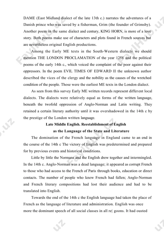 ncerned with a limited number of matters. those relating to the "matter of britain" were probably the most popular and original works of english poets, though many of them were paraphrased from french. one of the earliest poems of this type was brut composed by layamon in the early 13th с. it is a free rendering of the brut d'angle-terre by wace, an anglo-norman writer of the 12th c., which tells the story of the legendary foundation of britain by brutus, the alleged great grandson of aeneas of troy; the last third of the poem is devoted to brut's most famous descendant, the mythical british king arthur and his "knights of the round table", who became the favourite sub​ject of english knightly romances. the poem is written in alliterative verse with a considerable number of rhymes. it is noteworthy that the west midland dialect of brut, though nearly a century …