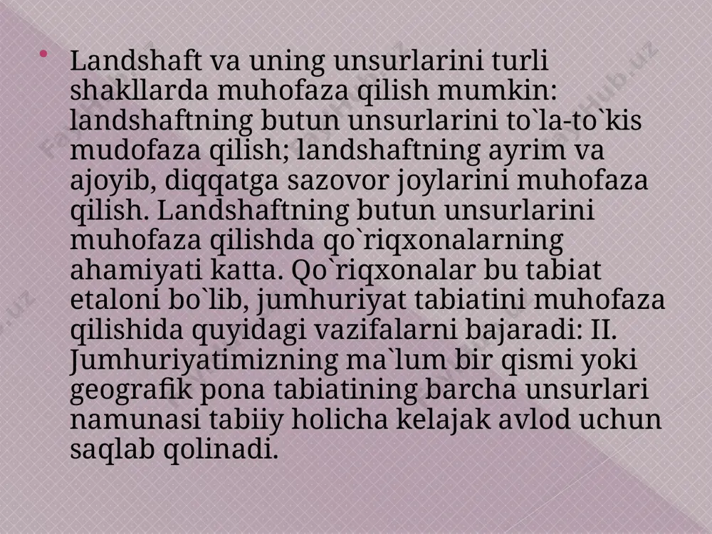 amiz. o`zbekistonda tabiiy boyliklardan foydalanish o`ziga xos xususiyatga ega. chunki jumhuriyat aholisining 90% atrofidagisi vohalarda joylashgan. buning ustiga o`zbekistonning asosiy shaharlari, qishloqlari, zavodfabrikalari, sug`oriladigan yyerlari, paxta dalalari ham vohalarda joylashgan natijada vohalar (toshkent-mirzacho`l, farg`ona, zarafshon, surxondaryo, qashqadaryo, quyi amudaryo vohalari) sanoat, maishiy kommunal chiqindilari va kishloq xo`jalikda ishlatilgan kimyoviy moddalar bilan ifloslangan. o`zbekiston xududining katta qismini ishg`ol qilgan cho`l va tog`lari hozir tezkorlik bilan o`zlashtirilmoqda. shu tufayli o`sha joylarda tabiatni muhofazasiga alohida e`tibor bermasak tabiat muvozanati buzilib, tabiiy boyliklarning holati smonlashib, ba`zi tabiat unsurlari kamyob bo`lib qoladi. bunga ilgari o`zbekiston cho`llarida ko`p yashaydigan xongul, tog`larida galagala yashaydigan kakliklar, qir va tog`larda o`suvchi lolalarni noyob durga aylanib qolganligi yaqqol misoldir. image2.jpeg image3.jpeg image4.jpeg image5.jpeg image6.jpeg /docprops/thumbnail.jpeg