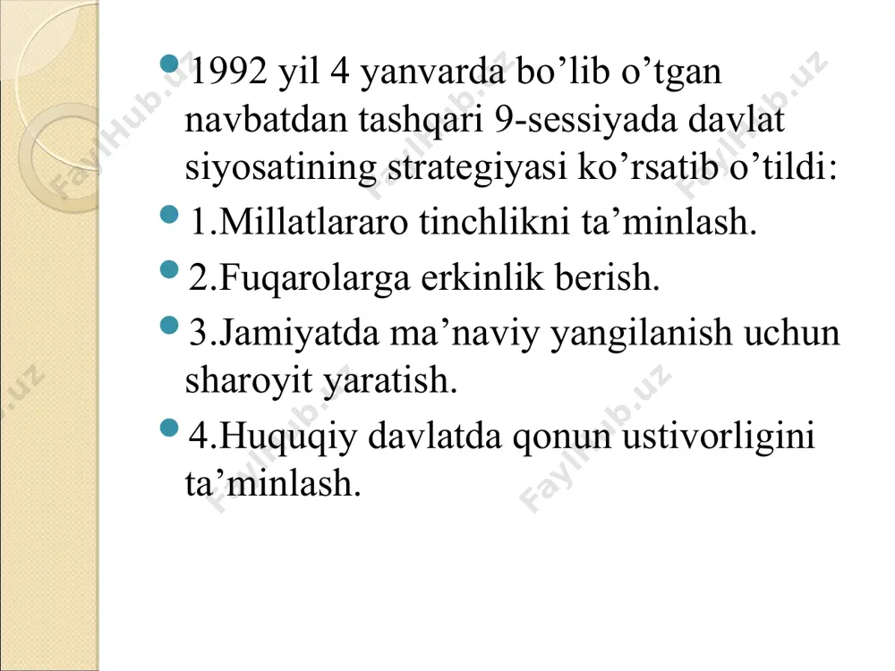 ni tayyorlash bo`yicha komissiya tuzilgan 2) 1992 yil 26 sentabrda konstitusiya loyihasi umumxalq muhokamasi uchun matbuotda e`lon qilindi 3) 1992 yil 26-noyabrda matbuotda ikkinchi marta e`lon qilindi. 6-mingdan ziyod taklif va mulohazalar inobatga olindi. 4) 1992 yil 8-dekabrda o`zbekiston respublikasi konstitusiyasi qabul qilindi. konstitusiya preambula, 6-ta bob, 26-ta bo`lim, 128-ta moddadan iborat o`zbekiston respublikasining konstitusiyasi konstitutsiyaga kora o’zbekiston respublikasi ijroiya hokimiyati prezidentlik hokimiyati va vazirlar mahkamasidan iborat respublika prezidenti qoshida ijro etuvchi hokimiyat devoni tuzildi. vazirlar mahkamasi prezident tomonidan tuzilib, parlament tomonidan tasdiqlanadi. vazirlar mahkamasi 1990-yil noyabrda tashkil topib, mustaqillikka erishgandan song davlat mustaqilligini ta'minlovchi organlardan iborat: mudofaa vazirligi, milliy xavfsizlik xizmati, ichki ishlar vazirligi, davlat bojxona va soliq qomitasi, shuningdek tashqi aloqalarni ta'minlovchi organlar vujudga keldi: tashqi ishlar vazirligi, tashqi iqtisodiy aloqalar vazirligi, tashqi iqtisodiy faoliyat bilan shug'ullanuvchi milliy bank, iqtisodiy rivojlanishni ta'minlovchi organlar: davlat statistika qomitasi, respublika ulgurji va birja savdosi aktsionerlik assotsiatsiyasi, respublika xom ashyo birjasi, moliya …