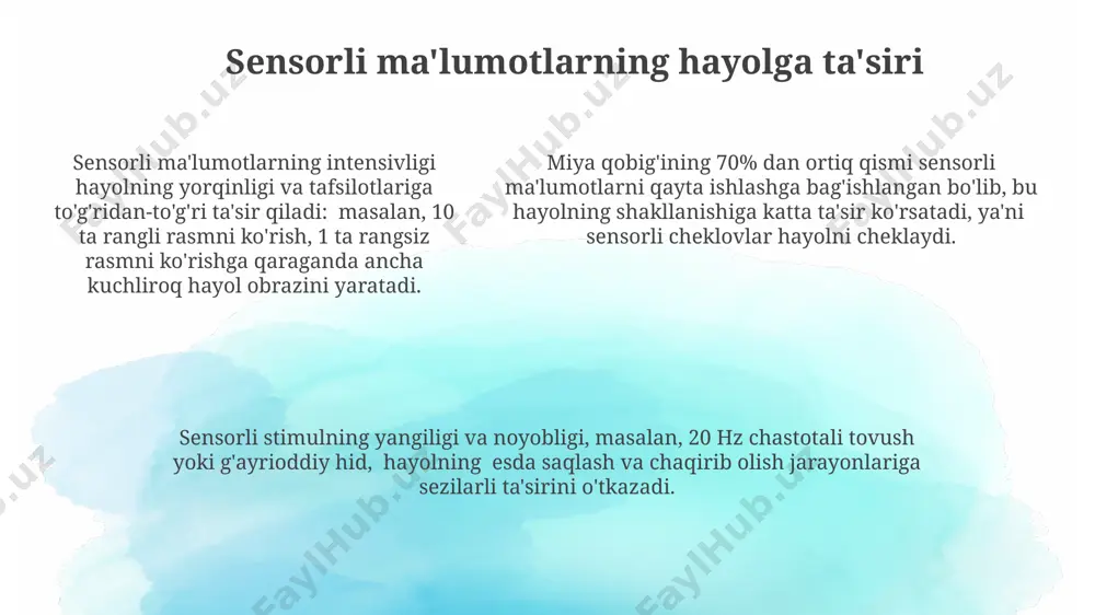 ncha tafsilotlarni o‘z ichiga oladiganligi, odamning diqqatni jamlash qobiliyati va ishchi xotirasi hajmi bilan belgilanadi. hayolning intensivligi va aniqligi individual farqlarga bog‘liq bo‘lib, miya to‘lqinlari faoliyati (alfa, beta, teta) va neyromediatorlar (dopamin, serotonin) darajasi bilan chambarchas bog‘liqdir. hayolning kelajakdagi tadqiqotlari hayolning turli xil psixologik holatlarga, masalan, stress va tashvishga ta'siri bo'yicha 5 yillik klinik tadqiqotlar o'tkazish va biofeedback texnologiyalaridan foydalanish nazarda tutilgan. hayolning miya faoliyatiga ta'sirini aniqlash uchun 100 dan ortiq ishtirokchi bilan keng ko'lamli neyroimaging tadqiqotlarini o'tkazish rejalashtirilgan, bu esa miya hududlarining faollashuvini aniqlashga yordam beradi. hayolning miya faoliyatiga ta'sirini aniqlash uchun 100 dan ortiq ishtirokchi bilan keng ko'lamli neyroimaging tadqiqotlarini o'tkazish rejalashtirilgan, bu esa miya hududlarining faollashuvini aniqlashga yordam beradi. hayol va muammo yechish hayolning 3 bosqichli modeli (ta’riflash, ishlab chiqish, baholash) muammoni yechish jarayonida samarali strategiya sifatida 70% gacha muvaffaqiyatga olib kelishi mumkin. vizual hayol, muammoning turli jihatlarini 2-3 marta tezroq tahlil qilish imkoniyatini taqdim etib, yechim …