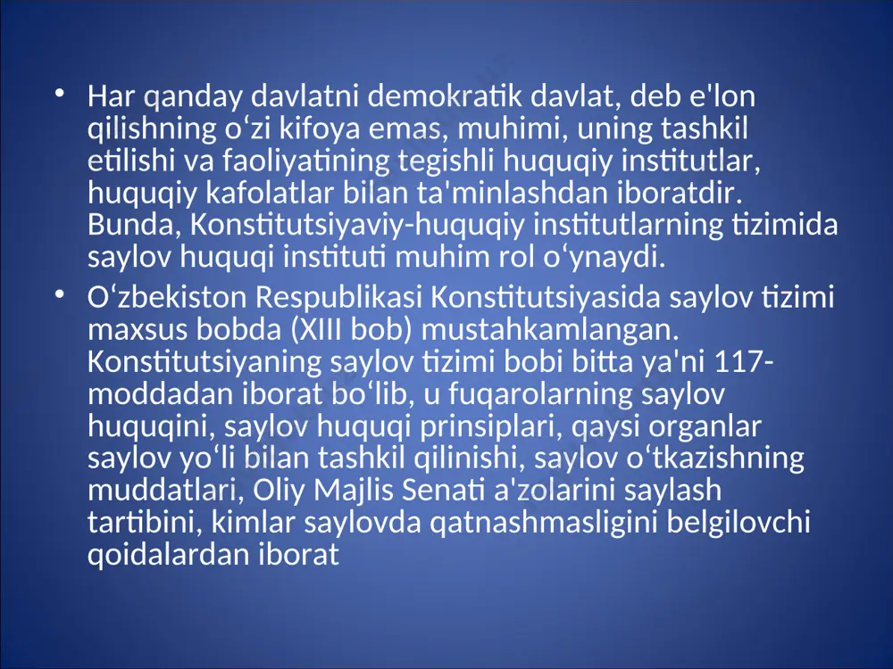 adan “inson huquqlari umumjahon deklaratsiyasi”ning 21-moddasida, “har bir inson bevosita yoki erkinlik bilan saylangan vakillari vositasida o‘z mamlakatini boshqarishda ishtirok etish huquqiga egadir” – deb belgilab qo‘yilgan. o‘zbekiston konstitutsiyasining 117-moddasida “o‘zbekiston respublikasining fuqarolari davlat hokimiyati vakillik organlariga saylanish huquqiga egadirlar” deb ko‘rsatilgan. fuqarolarning saylov huquqi – saylash va saylanish huquqidan iborat. shu ikkala huquqqa to‘la ega bo‘lgandagina saylov huquqi amalga oshgan hisoblanadi. saylash huquqiga ma'lum yoshga yetgan mamlakatning barcha fuqarolari ega bo‘ladi. yodda tuting! konstitutsiyaga binoan sud tomonidan muomilaga layoqatsiz deb topilgan, shuningdek sud hukmi bilan ozodlikdan mahrum etish joylarida saqlanayotgan fuqarolar saylash huquqiga ega emas. chunki muomilaga layoqatsizlar aqliy tomondan ojiz, ongsiz kishilar bo‘lib, ular o‘z hatti-xarakatini oqibatini anglay olmaydi, tushunmaydi. ozodlikdan mahrum qilish joylarida saqlanayotganlarning saylash huquqi ma'lum davrga cheklangan, chunki u joylarda alohida rejimda yashashga to‘g‘ri keladi. fuqarolarning saylanish huquqiga ega bo‘lishi uchun ham ayrim shartlar mavjud: sud tomonidan muomilaga layoqatsiz deb topilgan, shuningdek sud hukmi bilan …