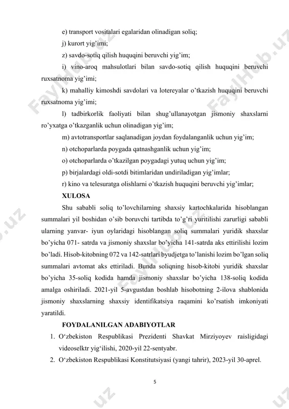 un yig’im; p) birjalardagi oldi-sotdi bitimlaridan undiriladigan yig’imlar; r) kino va telesuratga olishlarni o’tkazish huquqini beruvchi yig’imlar; xulosa shu sababli soliq to’lovchilarning shaxsiy kartochkalarida hisoblangan summalari yil boshidan o’sib boruvchi tartibda to’g’ri yuritilishi zarurligi sababli ularning yanvar- iyun oylaridagi hisoblangan soliq summalari yuridik shaxslar bo’yicha 071- satrda va jismoniy shaxslar bo’yicha 141-satrda aks ettirilishi lozim bo’ladi. hisob-kitobning 072 va 142-satrlari byudjetga to’lanishi lozim bo’lgan soliq summalari avtomat aks ettiriladi. bunda soliqning hisob-kitobi yuridik shaxslar bo’yicha 35-soliq kodida hamda jismoniy shaxslar bo’yicha 138-soliq kodida amalga oshiriladi. 2021-yil 5-avgustdan boshlab hisobotning 2-ilova shablonida jismoniy shaxslarning shaxsiy identifikatsiya raqamini ko’rsatish imkoniyati yaratildi. foydalanilgan adabiyotlar 1. oʻzbekiston respublikasi prezidenti shavkat mirziyoyev raisligidagi videoselktr yig‘ilishi, 2020-yil 22-sentyabr. 2. o‘zbekiston respublikasi konstitutsiyasi (yangi tahrir), 2023-yil 30-aprel. 3. o‘zbekiston respublikasi prezidenti sh.m.mirziyoyevning “raqamli o‘zbekiston – 2030” strategiyasini tasdiqlash va uni samarali amalga oshirish choratadbirlari to‘g‘risidagi 2020-yil 5-oktyabrdagi pf-6079-sonli farmoni. 4. o‘zbekiston respublikasi prezidenti sh.m.mirziyoyevning “raqamli o‘zbekiston – …