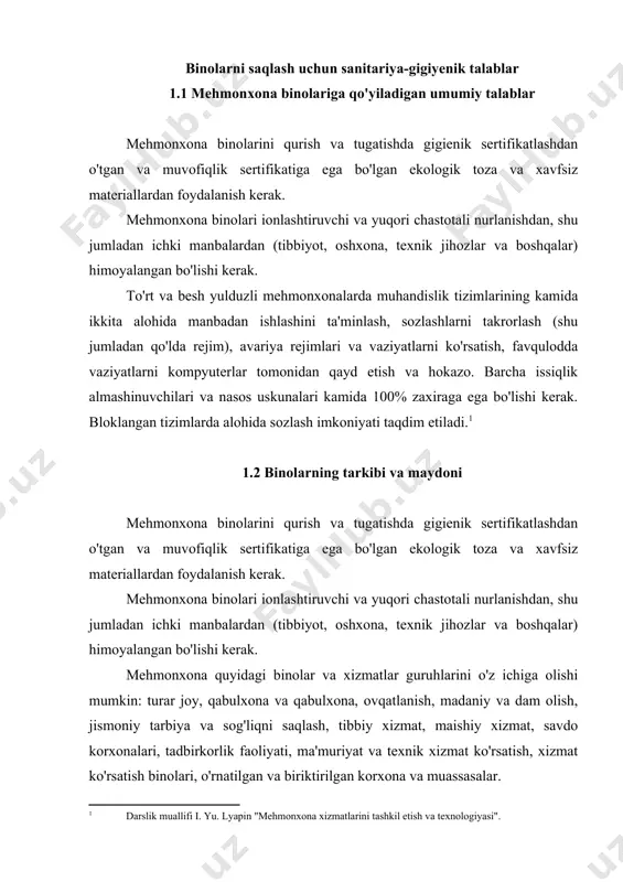 ar ko'chadan ajratilgan kirishlar bilan ta'minlanishi kerak. yangi qurilgan mehmonxonalarda, qoida tariqasida, nogironlar aravachasi foydalanuvchilarining kirishi va yashashi uchun shart-sharoitlar ta'minlanishi kerak. tegishli jihozlar, o'tish joylari va eshiklar kengligi, shuningdek, gorizontal va vertikal kommunikatsiyalar bo'ylab nogironlarning harakatlanishi uchun moslamalar bilan jihozlangan bir va ikki kishilik xonalarning zaxirasini ta'minlash kerak. nogironlar aravachasidagilar, ko'zi ojizlar va ko'rlar uchun xonalar birinchi qavatda joylashgani ma'qul. xonalar bitta yashash xonasining bir qismi sifatida ishlab chiqilishi yoki koridor, hojatxona, kiyinish xonasi bilan to'ldirilishi mumkin. ikki yoki undan ortiq qo'shni xonalarni birlashtirishga, shuningdek xonalarda ofislarni - kompaniyalarning vakolatxonalarini joylashtirishga ruxsat beriladi. ko'p yotoqli xonalarni faqat yashash xonasining bir qismi sifatida loyihalashga ruxsat beriladi. superior xonalar (kvartiralar, "prezident", suitlar) ikki yoki undan ortiq yashash xonalari, shuningdek, kamida ikkita hammom sifatida ishlab chiqilishi kerak. boshqa qo'shimcha xonalar va jihozlarning, shu jumladan oshxona jihozlarining tarkibi dizayn topshirig'i bilan belgilanadi. yashash xonasiga ulashgan bar taymerini o'rnatish tavsiya etiladi. kvartiralarda xizmatchilar turar …