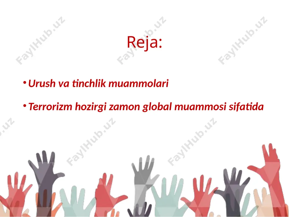 ari anglab yetishi, shuningdek jahon hamjamiyati va unga mos keluvchi qadriyatlarga munosabat, madaniyat, turmush tarzining shakllanishi gldoballashuv serqirraligi bosqichiga xos xususiyat hisoblanadi. «terrorizm» tushunchasining o‘zi lotin tilidan olingan bo‘lib, «terror» - qo‘rquv, dahshat demakdir. dastlab terror siyosiy ta’sir metodi sifatida ulug‘ fransuz inqilobi davrida radikallar tomonidan siyosiy raqiblarni qo‘rqitish maqsadida qo‘llanilgan. terrorizmning mohiyatini anglash uchun odatda 3 ta uning asosiy tomonlariga e’tibor qaratiladi: harbiy, jinoiy va siyosiy. harbiy muammo sifatida terrorizm qurolli harakatlarningg alohida, spetsifik turi sifatida ko‘riladi va «past (sust) intensivli qurolli to‘qnashuv» tarzida belgilanadi. terror davlatning o‘z raqiblariga nisbatan qarshi qo‘llanilishi bilan birga, shuningdek maxfiy tashkilot va guruhlarning davlatga nisbatan qarshi qo‘llanilishi mumkin. etnik terrorizm. etnik terrorizm radikal guruhlarning faoliyati bilan bog‘liq bo‘lib, etnik mayda millatlar vakillaridan iborat. u o‘ziga xos muammolarni yechishga qaratilgan bo‘lib, bir necha shaklda namoyon bo‘ladi: milliy-ozodlik terrorizmi – bosib olingan va kolonial davlatlar xalqlarining agressor va metropoliya davlatlari namoyondalariga qarshi amalga oshiriladi. u …