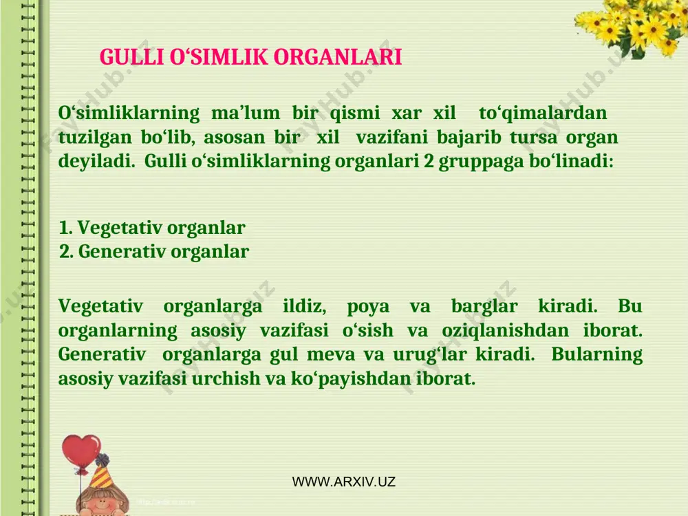 sib chiqadi. yon ildiz ichki to‘qimalardan o‘sib chiqqani uchun endogen tipda o‘sish deyiladi. asosiy bosh ildiz va undan o‘sib chiqqan birinchi tartibdagi yon ildizlar geotropizm,ya’ni yerga qarab o‘sish xususiyatiga ega. (tikka, yetib, yuqoriga qarab, pastga qarab). bu ildizlar geotropizm xususiyatiga ega emas. asosiy bosh ildiz yon ildizlarga nisbatan katta bo‘lsa o‘q ildiz (sterjnevnoy koren) deyiladi. www.arxiv.uz www.arxiv.uz 1-rasm. ildiz tizimlari: 1 - o’q va 2 - popuk ildiz tizimlari. www.arxiv.uz www.arxiv.uz masalan beda, g‘o‘za, otquloq, yantoq, qoqio‘t kabi o‘simlik ildizlari. yantoqning asosiy bosh ildizining uzunligi 20 m bo‘ladi. chunki yantoq suvsiz joyda yashaydi. o‘q ildiz shoxlangan yoki shoxlanmagan bo‘lishi mumkin. agar o‘q ildiz yer yuzasiga yaqin joyda shoxlangan bo‘lsa shoxlangan o‘q ildiz deyiladi. agar o‘q ildiz yer ostining chuqurroq yerida shoxlanmagan bo‘lsa shoxlanmagan o‘q ildiz deyiladi. ikki pallali o‘simliklarning ildizi asosan o‘q ildiz bo‘ladi. bir pallali o‘simliklarda urug‘ embrionidan o‘sib chiqqan bosh ildiz yaxshi taraqqiy etmaydi, bu o‘simliklarda bosh ildiz …