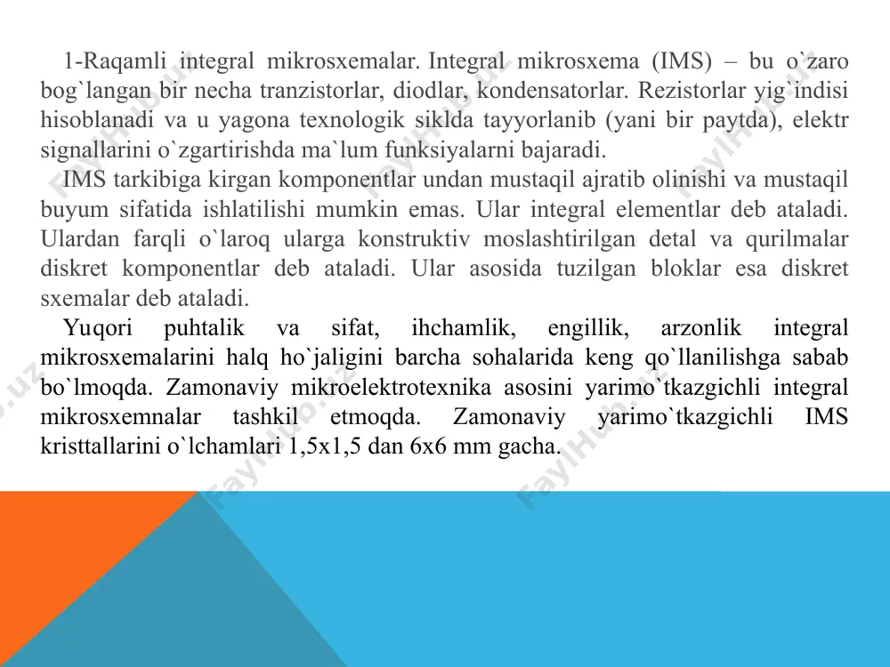 i kaskadlardan foydalniladi. islarning boshqa xususiyati murakkab elementlarning bir-biriga juda yaqin (< 10 mkm) joylashganligi sababli, ularning parametrlari ham bir-biridan deyarli farq qilmaydi (egizaklik prinsipi). elementlar eskirganda, kuchlanish manbai va temperatura o‘zgarganda ularning parametrlari ham bir xilda o‘zgarib, parametrlar korrelyatsiyasi saqlanadi. islarning ushbu xususiyati, diskret tranzistorli tuzilmalarda amalga oshirib bo‘lmaydigan, yuqori aniqlikdagi differensial kaskadlar, barqaror tok va kuchlanish generatorlarini yaratish imkonini berdi. hulosa qilib shuni aytish mumkinki: hozirgi kunda elektron, yarimo`tkazgichli hamda elektromagnitlar asosida turli qurilmalar, avtomatlashtirilgan sanoat robotlari va manipulyatorlar tuzilmoqda. ular yordamida tehnologik jarayonlarni boshqarish, nazorat va axborot sistemalari takomillashmoqda. adabiyotlar ro`yhati 1. .каримов ва бошкалар. электротехника ва электроника асослари. т. «укитувчи» 1995 йил. 2. .шихин и другие. электротехника. м. «высшая школа» 1989 год. 3. а.рахимов. электротехника ва электроника асослари .т. «укитувчи» 1998 йил. 4. а.и. холбобоев, н.а.хошимов. умумий электротехника ва электроника асослари. 2000 йил. 5. в.в.паушин и другие. основа автоматики вычислительный 4 микропроцессорной техники.т. 1989 год. mustaqil …