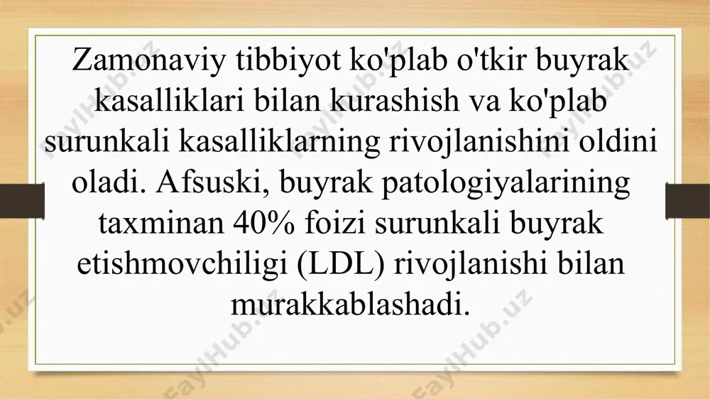 ldini olish, xususan, pyelonefrit (bakterial infeksiya fonida buyraklarning yallig'lanishi), glomerulonefrit (ikki tomonlama buyrak shikastlanishi), urolitiyoz (buyrak toshlari va siydik yo'llari shakllanishi) kabi surunkali kasalliklarni davolash.yomon odatlardan voz kechish (chekish, spirtli ichimliklar, giyohvand moddalar).ratsional va muvozanatli ovqatlanish.giyohvand moddalarni asossiz ishlatish (antibiotiklar, antidepressantlar va boshqalar) bundan mustasno. o'tkir buyrak etishmovchiligi (opn) – sindrom buyrak funktsiyasining to'satdan pasayishi, ko'pincha ishemik yoki toksik kelib chiqishi tufayli homeostazning o'tkir kasalliklari bilan tavsiflanadi. surunkali buyrak etishmovchiligi – ldl) - har qanday progressiv buyrak kasalligi bilan nefronlarning bosqichma-bosqich nobud bo'lishi natijasida rivojlanayotgan simptom majmuasi. surunkali buyrak etishmovchiligi asta-sekin rivojlanib boradi va deyarli har doim qaytarib bo'lmaydigan buyrak parenximasining funktsiyalarini yo'qotadi. belgilari.o'tkir buyrak etishmovchiligi uchun siydik, anoreksiya, ko'ngil aynishi, qusish, shishiradi, ich ketishi yoki ich qotishi, zaiflik, terlash, inhibisyonning kamayishi yoki yo'qligi xarakterlidir. ba'zi hollarda sezilarli shish sindromi, yuqori yoki past qon bosimi. laboratoriya: anemiya( gemoglobinning kamayishi), azotemiya( karbamid va kreatinin ortishi), siydik sinovlarida o'zgarishlar. surunkali buyrak etishmovchiligi …