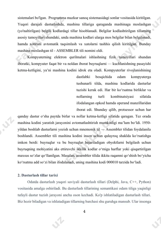 i. ko'p ishlatiladigan dasturlash tillari. biz hozir biladigan va ishlatadigan tillarning barchasi shu guruhga mansub. ular insonga "tushunarli" tilda yoziladi. ingliz tilini yaxshi biluvchilar programma kodini qiynalmasdan tushunishlari mumkin. bu guruhga fortran, algol, c, pascal, cobol va h.k. tillar kiradi(ko`pchiligi hozirda deyarli qo`llanilmaydi). eng birinchi paydo bo`lgan tillardan to hozirgi zamonaviy tillargacha ishlatish mumkin. lekin, hozirgi web texnologiya orqali ishlaydigan tillarda(php, asp.net, jsp) bunday dasturlar tuzilmaydi. chunki bunday dasturlarning ishlashi uchun yana bir amaliy dastur ishlab turishi kerak. hozirda, amaliy dasturlar, asosan, visual c++, c#, borland delphi, borland c++, java, python kabi tillarda tuziladi. o`zbekistonda ko`pchilik delphi dan foydalanadi. buning asosiy sababi: soddaligi, komponentlarning ko`pligi, interfeysining tushunarliligi va h.k. delphida birinchi ishlagan odam ham qanaqadir dastur tuzishi oson kechadi. lekin, windows da dasturning asosiy ishlash mohiyatini ancha keyin biladi(komponentlarning ko`pligi va api funksiyalari dasturda ko`rsatilmasligi uchun). yana bir tarafi, delphi(pascal) operativ xotirani tejashga kelganda ancha oqsaydi. unda o`zgaruvchilarni oldindan e'lon …