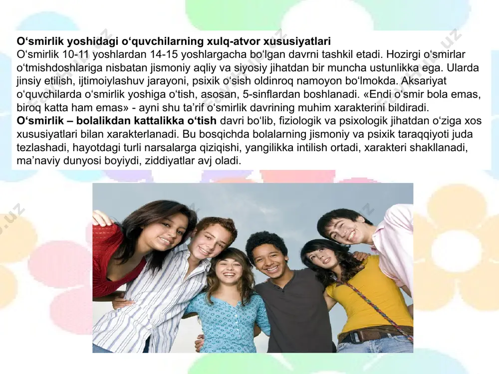 ‘z kamchiliklarini tan olmaslik, urushqoqlik kabi salbiy xususiyatlar xosdir. o‘smirlar hayotda, ekranda va kitoblarda kattalarning mustaqilligini va erkinligini, ularning katta va qiziqarli ishlarini, dadil harakatlarini, qahramonliklarini, atrofdagilar orasidagi obro‘larini ko‘radilar hamda havas qiladilar.o‘smirda katta yoshli odam bo‘lishga yoki hech bo‘lmaganda katta yoshli odam bo‘lib ko‘rinishga qiziqish, intilish paydo bo‘ladi va bu xohishni amalga oshirish unga osondek bo‘lib ko‘rinadi. o‘smirlarning ehtiyojlari va imkoniyatlarining o‘zaro mos kelmasligi o‘smirlar bilan ota-onalari, o‘qituvchilari va boshqa murabbiylari o‘rtasida qarama-qarshilikni keltirib chiqaradi. o‘smirlik davriga ko‘pincha so‘zga kirmaslik, o‘jarlik, tajanglik, o‘z kamchiliklarini tan olmaslik, urushqoqlik kabi salbiy xususiyatlar xosdir. o‘smirlar bu davrda chekish hamda spirtli ichimliklarga qiziqib qolishlari xam mumkin. o‘smir katta odam, shuningdek, chekuvchi, ichuvchi singari yangi rollarda o‘zini noqulay his qiladi. ko‘pgina o‘smirlarda o‘zidan qoniqmaslik holati kuzatiladi. shuningdek, o‘zi haqidagi mavjud fikrlarining bugun unda sodir bo‘layotgan o‘zgarishlarga to‘g‘ri kelmayotganligi o‘smirni asabiylashishiga olib keladi, unda juda ko‘p noqulay va tashvishga tushuvchi xolatlar bo‘ladi. bu esa o‘smirda …