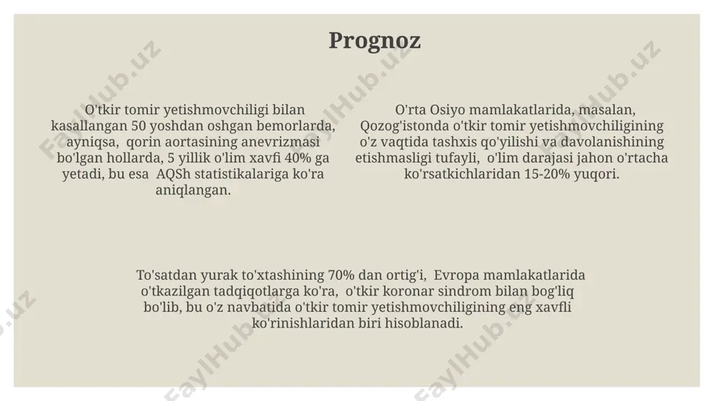 dirish hayotni saqlab qolishda muhim rol o'ynaydi. profilaktika qon bosimini muntazam tekshirtirish va 140/90 mm hg dan yuqori bo'lsa, shifokor bilan maslahatlashish, qon tomir kasalliklari rivojlanishining oldini olishda muhim rol o'ynaydi va 70 yoshdan oshgan odamlarda bu ko'rsatkich yanada muhimroqdir. sog'lom turmush tarzini olib borish, jumladan, kuniga kamida 30 daqiqa jismoniy mashqlar bilan shug'ullanish va chekishdan voz kechish, yurak-qon tomir kasalliklari xavfini 50% gacha kamaytirishi mumkin. o'rta osiyo mamlakatlarida, xususan, o'zbekistonda, yiliga 10 000 dan ortiq odam periferik arteriya kasalliklari bilan bog'liq o'lim holatlarini qayd etiladi, shuning uchun profilaktika choralarini ko'rish juda muhimdir. konservativ davolash oyoq-qo'lning o'tkir ishemiyasi uchun konservativ davolash, 5-10 mm hg dan past bo'lgan qon bosimi bilan birga, kislorod terapiyasi va mahalliy issiqlikni qo'llashni o'z ichiga oladi va toshkentda uslubiy tavsiyalar mavjud. konservativ davolashning samaradorligi, ayniqsa, kasallikning dastlabki bosqichlarida, taxminan 90% hollarda yaxshi natijalarga olib keladi, lekin bu andijon viloyati tajribasiga asoslangan ma'lumotlarga bog'liq. konservativ davolashda, o'rtacha …