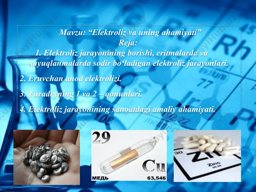 rov o‘tkazish mumkin: “blits – so`rov” savollari ta`lim beruvchi 1.elektroliz jarayonini tushuntiring. 2.eritma va suyuqlanma elektrolizini boorish mexanizmini tushuntiring. 3.elektrolizda katodda qanday va anodda qanday jarayonlar sodir bo‘ladi? 4.eruvchan anod elektrolizi nima? 5.faradey qonunlarini ayting. 6.elektrodlarning qanday turlarini bilasiz? 7.metallarning kuchlanishlar qatori nima asosida tuzilgan? 8.galvanoplastika va galvanostegiya nima? ta`lim oluvchi “domino” metodi bu metodda talabalarga berilgan savollar va ularning javoblari aralashtirilib beriladi. talabalar har qaysi savolning to`g`ri javobini topib, ketma-ketligini to`g`ri joylashtirishlari kerak. bu metod talabalardan ziyraklikni, bilim, ko`nikma va malakalarini shakllantirishda, o`z fikrini mustaqil himoya qilishga o`rgatadi. so`zlarning ketma-ketligini to`g`ri joylashtiring 1. oksidlanish-qaytarilish reaksiyasi 2. o`tkazilganda 3. elektroliz bu – 4. elektodlarda sodir bo`ladigan 5. elektr toki 6. eritmasi yoki suyuqlanmasi orqali 7. elektrolit 3, 7, 6, 5, 2, 4, 1. bilasizmi, ….. “swot-tahlil” metodi. metodning maqsadi: mavjud nazariy bilimlar va amaliy tajribalarni tahlil qilish, taqqoslash asosida muammoni hal etish yo‘llarini topishga, bilimlarni mustahkamlash, takrorlash, mustaqil, tanqidiy fikrlashni, …