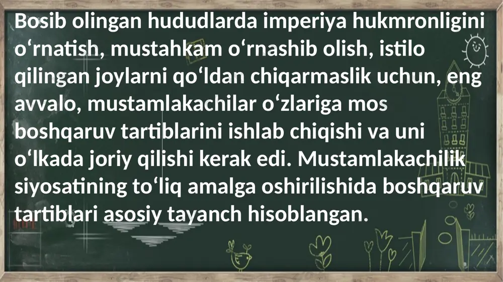 hloqlarga, chorvador aholi yashaydigan hududlarda esa ovullarga bo‘lindi. boshqaruv tizimining quyi bosqichida volost boshlig‘i, qishloq oqsoqoli, ovul boshlig‘i, xalq sudyalari va ularning yordamchilari, ariq oqsoqoli, mirob, o‘nboshi, ellikboshi kabi lavozimlarda yerlik aholi vakillari ish olib borgan. 1867-yilgi ʻʻnizomʼʼ loyihasi asosida o‘troq aholi bir bosqichli tizim shaklida, ya’ni oqsoqolliklarga, chorvador aholi esa ikki bosqichli tizim ko‘rinishidagi volost va ovullarga birlashtirilgan. 1867-yilgi ʻʻnizomʼʼ loyihasi asosida o‘troq aholi bir bosqichli tizim shaklida, ya’ni oqsoqolliklarga, chorvador aholi esa ikki bosqichli tizim ko‘rinishidagi volost va ovullarga birlashtirilgan. o‘rta osiyoning rossiya imperiyasi tomonidan bosib olinishi bilan bir vaqtda uni kelgusida qanday boshqarish va o‘z manfaatlari yo‘lida foydalanish hal qilib borilgan. shunga ko‘ra turkiston o‘lkasi bosib olingan davrdan boshlab to‘liq mustamlaka sifatida boshqaruv tartiblariga asoslangan ma’muriy-hududiy birliklar va ularning boshqaruv tartiblari joriy qilib borilgan. uning asosiy maqsadi mahalliy aholini qattiq nazoratda va tobelikda ushlab turishga qaratilgandi. joriy qilingan boshqaruv tartiblari to‘liq ravishda harbiy tartiblarga asoslanib, o‘lkada imperiyaning …