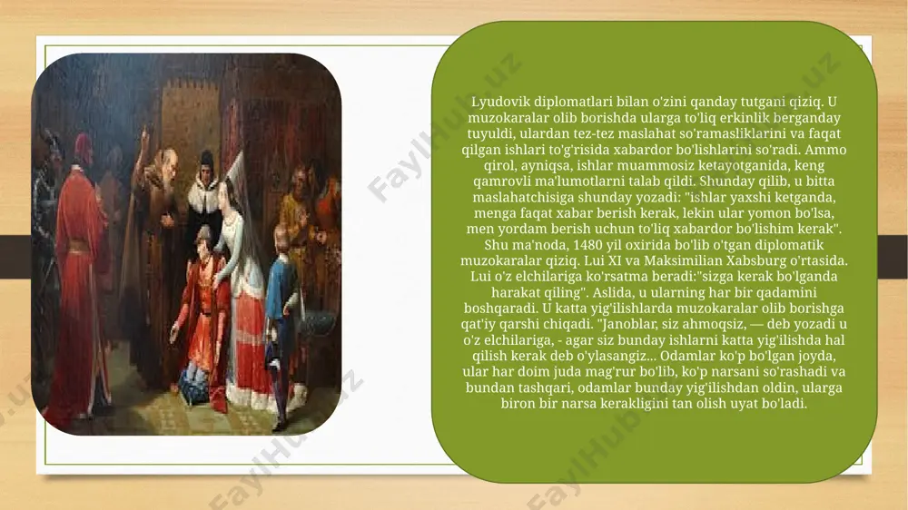 arning har biri jamoat manfaatlarini unutib, faqat o'ljasining katta qismini tortib olish bilan shug'ullanishdi. "jamoat foydasi, — deydi kommin zaharli ravishda, - xususiy yaxshilikka aylandi." xuddi shu usullar — oltin, pora, josuslik va cheksiz fitnalar tarmog'i, bu xronikachining so'zlariga ko'ra, "dunyo o'rgimchak" ("araignee universelle") — lui boshqa raqiblariga qarshi kurashda foydalangan. shunday qilib, u charlz jasur bilan juda xavfli ittifoqdan ingliz qiroli edvard ivni har yili mo'l-ko'l ijaraga sotib olib, dangasa va butunlay o'yin-kulgiga berilib ketdi. lui yovuzlik inglizlar bu annuitetni mag'rurlik bilan o'lpon deb ataganidan kuldi va qo'shimcha ravishda edvardning vazirlari va sevimlilariga yashirin pensiyalar to'lab, angliya bilan urush frantsiyaga ko'proq xarajat qilishini aytdi. komminning so'zlariga ko'ra, parij hisob palatasida luisning barcha ingliz nafaqaxo'rlarining kvitansiyalari saqlangan, xastingsning bosh palatasi bundan mustasno: u frantsuz qirolini qo'llab-quvvatlashga o'tishni iltimos qilishi kerak edi, chunki u allaqachon burgundiya gersogi maoshida edi. ammo lui vaziyatdan osongina chiqib ketdi: xastings gersogdan 1 ming eku pensiya …