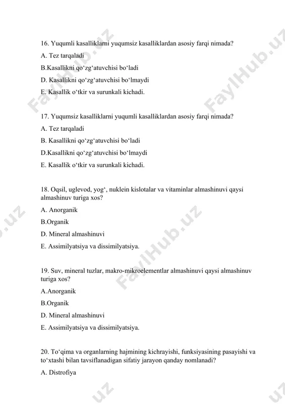 qizamiq, bronxiomikoz, nefromikoz. b.viremiya, virusli gemorragik septitsemiya, qizamiq. d. ixtiosporodioz, kostioz, qizamiq, viremiya. e. qizamiq, nefromikoz, ospa, ligulyoz. 34. virusning tarkibi qanday qismlardan tashkil topgan? a. oqsil, uglevod b. oqsil, nuklein kislota d. oqsil, lipid e. oqsil, dnk yoki rnk 35. baliq viruslarini issiqqonli hayvonlarda uchraydigan viruslardan farqi nimada? a. farq qilmaydi b. chidamsiz d. virulentligi juda yuqori e. turli harorat chegarasida yashay oladi va ko‘payadi. 36. kontagioz kasallik bo‘lib, terining qorayishi, qorin bo‘shlig‘ining shishishi, suzgich apparatining izdan chiqishi. nerv faoliyatining buzilishi, jabrada qon quyilishlar, ko‘zning qurib qolishi kuzatiladi. bu qaysi kasallik? a. qizamiq b. viremiya d. ospa e. virusli gemorragik septitsemiya 37. virusli gemorragik septitsemiyaning qanday tiplari aniqlangan? a. a;b;c;d b. n;r;v;p d. a;b;b2 e. c;d;n;p 38. harakat kordinatsiyasining buzilishi, tananing turli qismlarida shish paydo bo‘lishi, tangachalarning teshilib qolishi, ko‘kra va qorin suzgihalarining asosida teri qoplamasida gemorragik to‘plamlar paydo bo‘lishi qaysi kasallikka xos belgilar? a. qizamiq (krasnuxa. b. karpning …